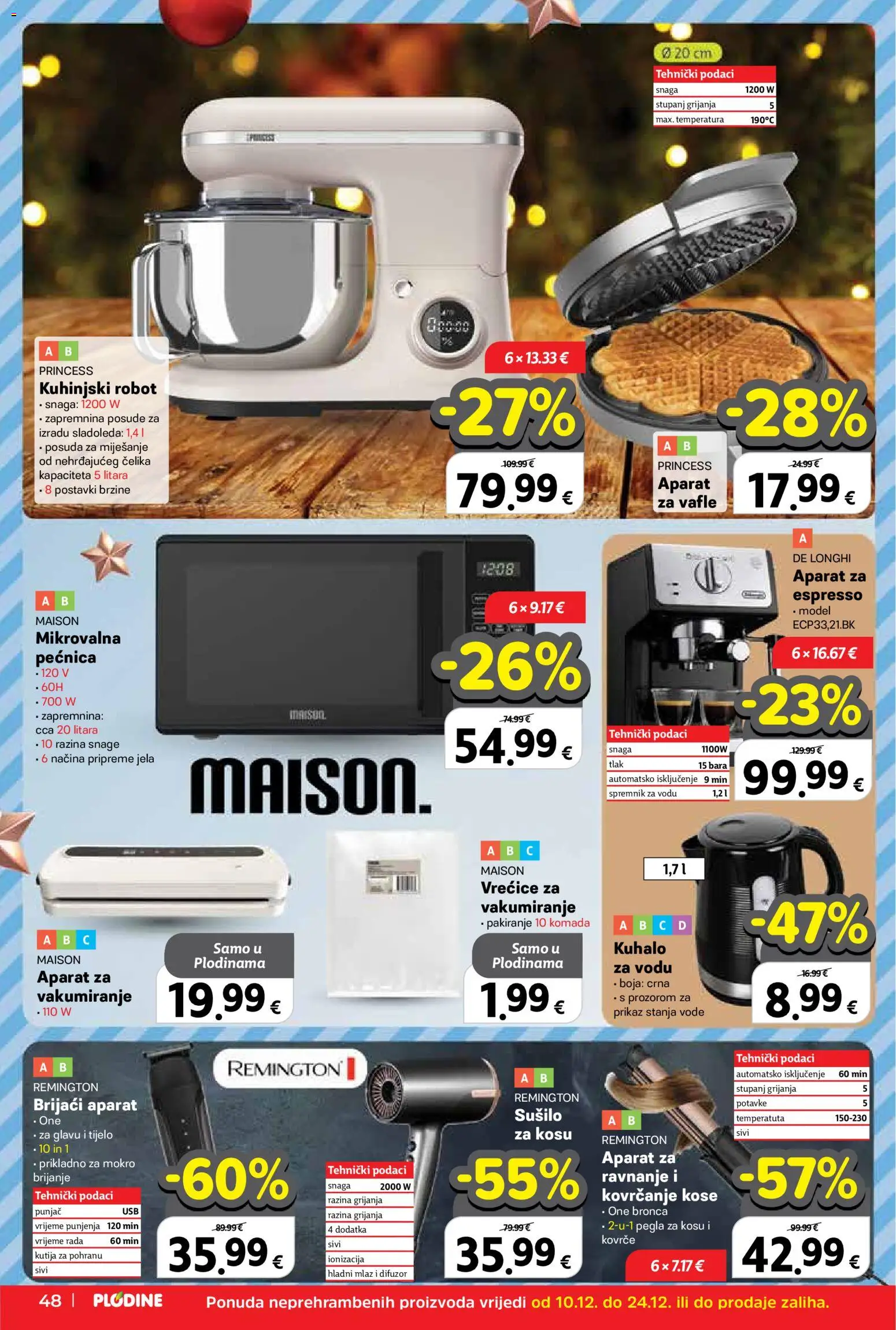 Plodine katalog | vrijedi od 10.12.2025 | Stranica: 48 | Proizvodi: Brijaći aparat, Pegla za kosu, Aparat za vafle, Pećnica