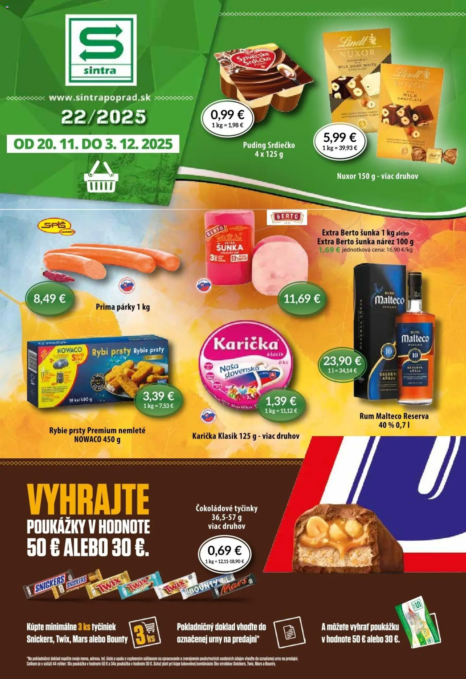 Nové Sintra akcie – leták je platný od 20.11.2025 | Strana: 1 | Produkty: Šunka, Puding, Párky, Rum