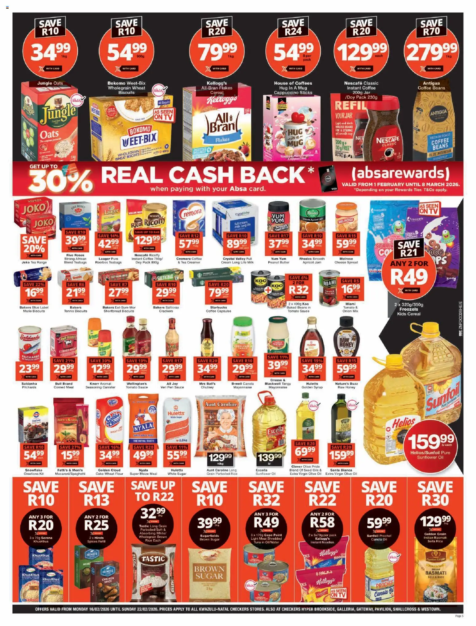 New Checkers catalogue – valid from 16.02.2026 | Page: 5 | Products: Corned meat, Creamer, Flakes, Sugar