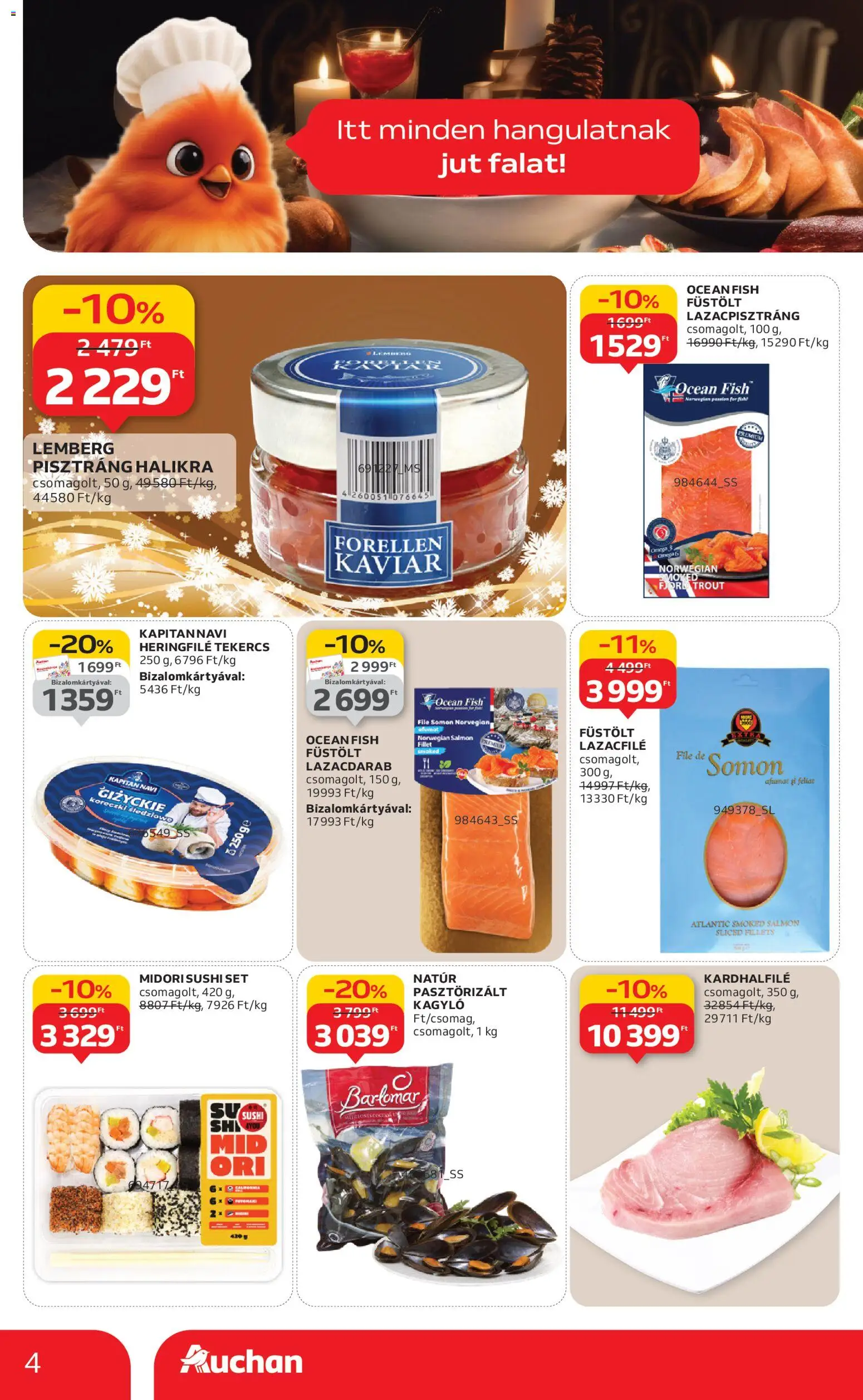 Auchan akciós ujság - amely érvényes a következő dátumtól: 20.11.2025 | Oldal: 4 | Termékek: Omega 3, Pisztráng, Lazacfilé, Kaviár