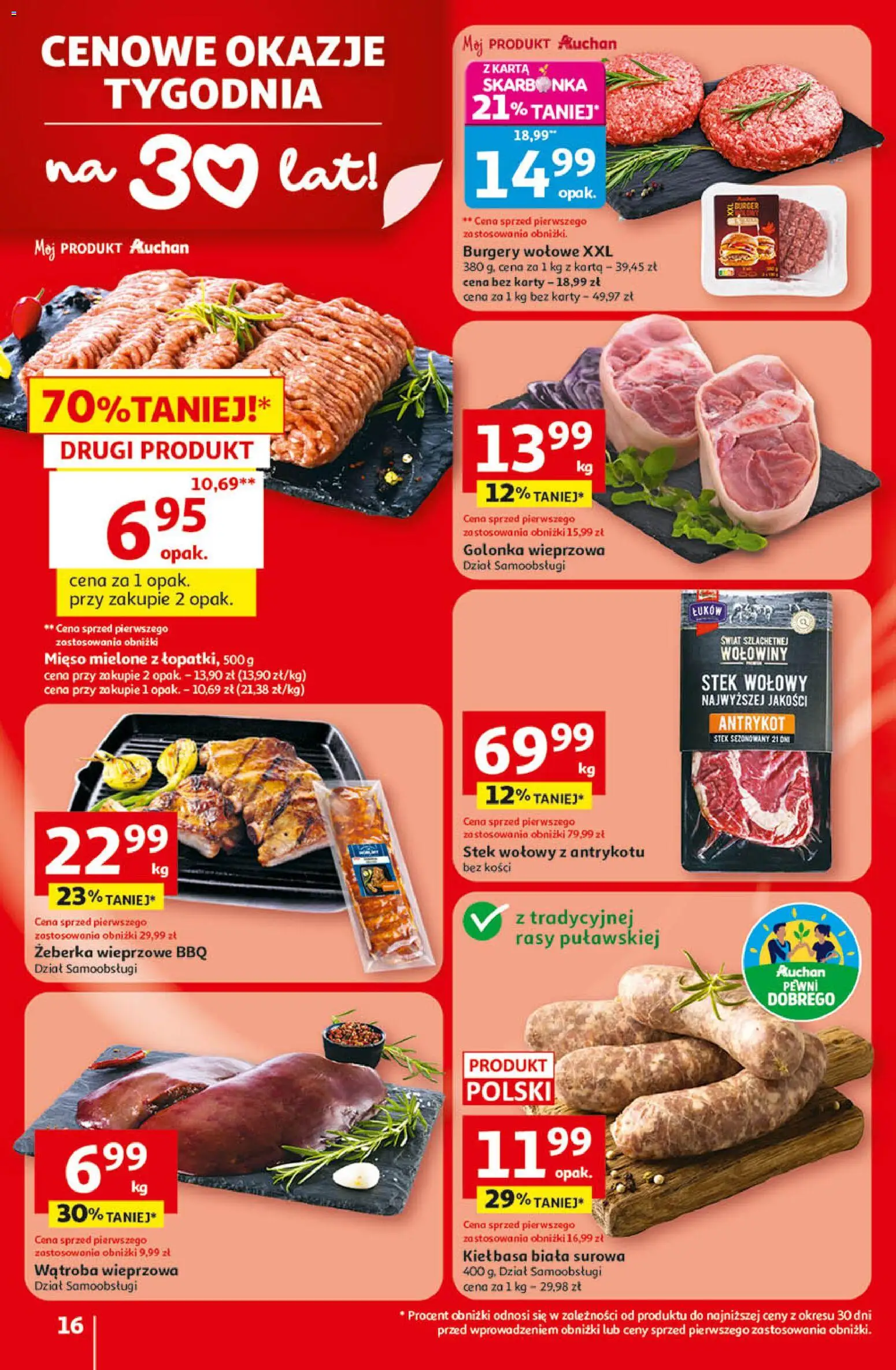 Auchan - Gazetka 30 Lat Hipermarket  od 09.04.2026 | Strona: 16 | Produkty: Kiełbasa, Mięso, Golonka wieprzowa, Burgery wolowe