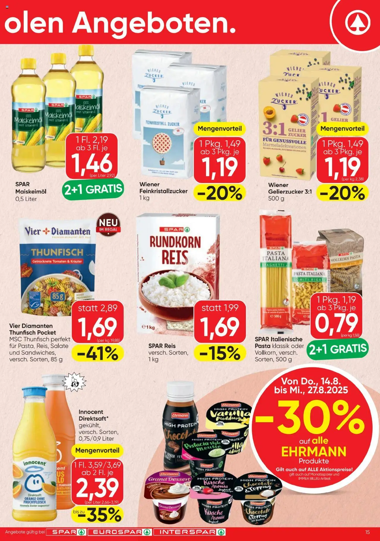 Spar Flugblatt gültig ab 14.08.2025 | Seite: 15 | Produkte: Pasta, Zucker, Regal, Reis