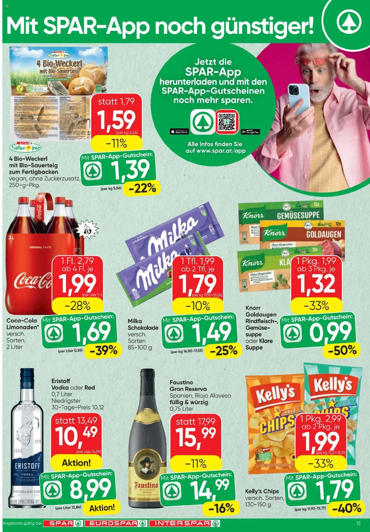 Spar Flugblatt gültig ab 23.10.2025 | Seite: 15 | Produkte: Chips, Gemüse, Milch, Schokolade