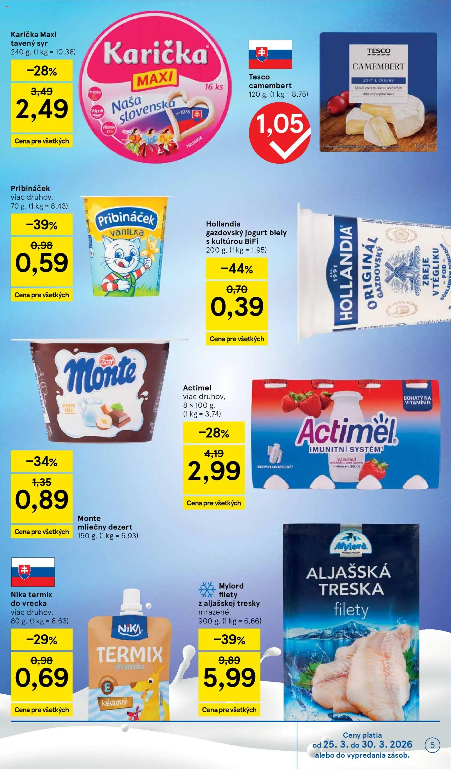 Nové Tesco akcie – leták je platný od 25.03.2026 | Strana: 5 | Produkty: Syr, Jogurt, Actimel, Treska