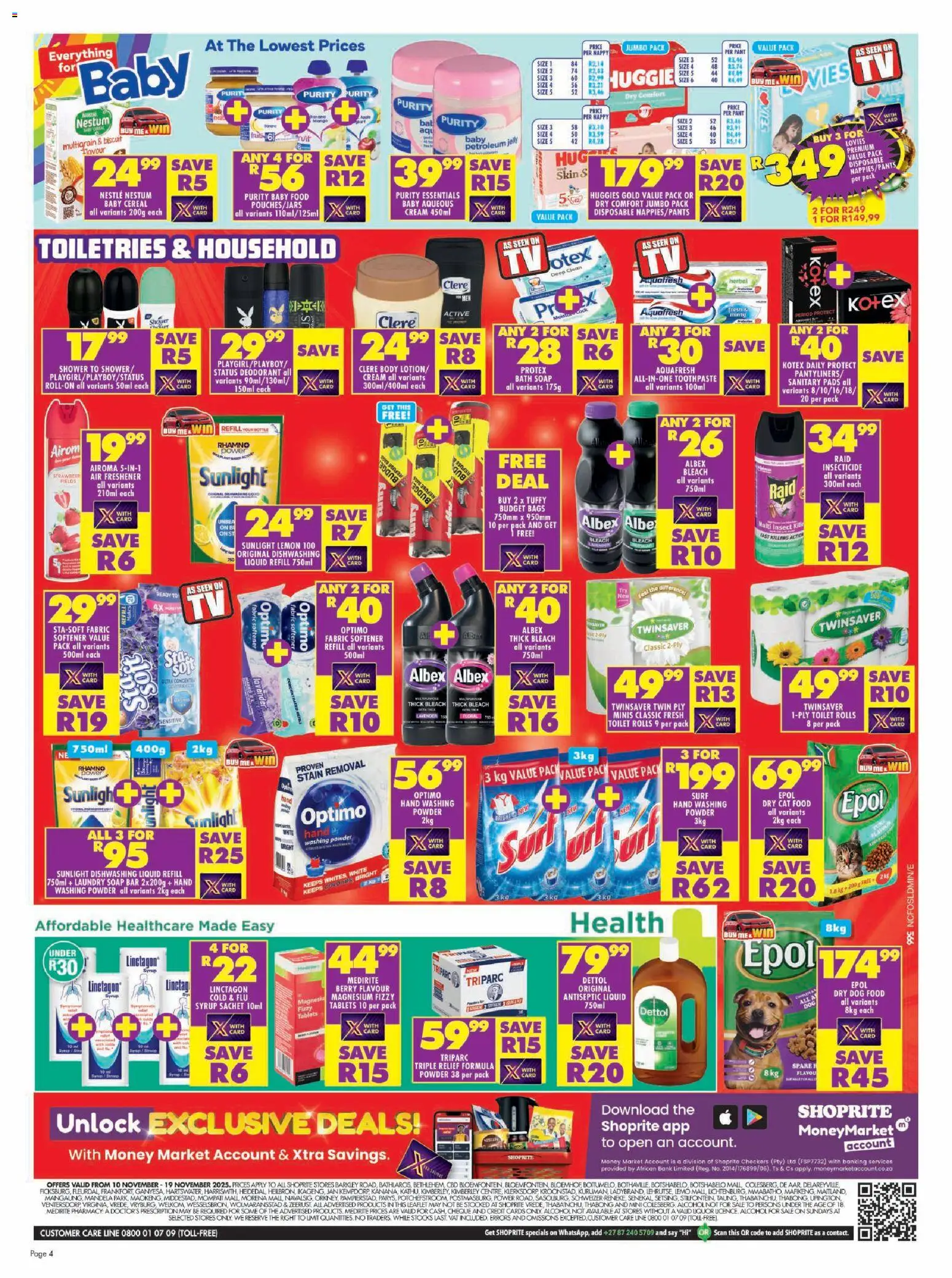 New Shoprite catalogue – valid from 10.11.2025 | Page: 4 | Products: Cream, Soap, Fabric softener, Petroleum jelly