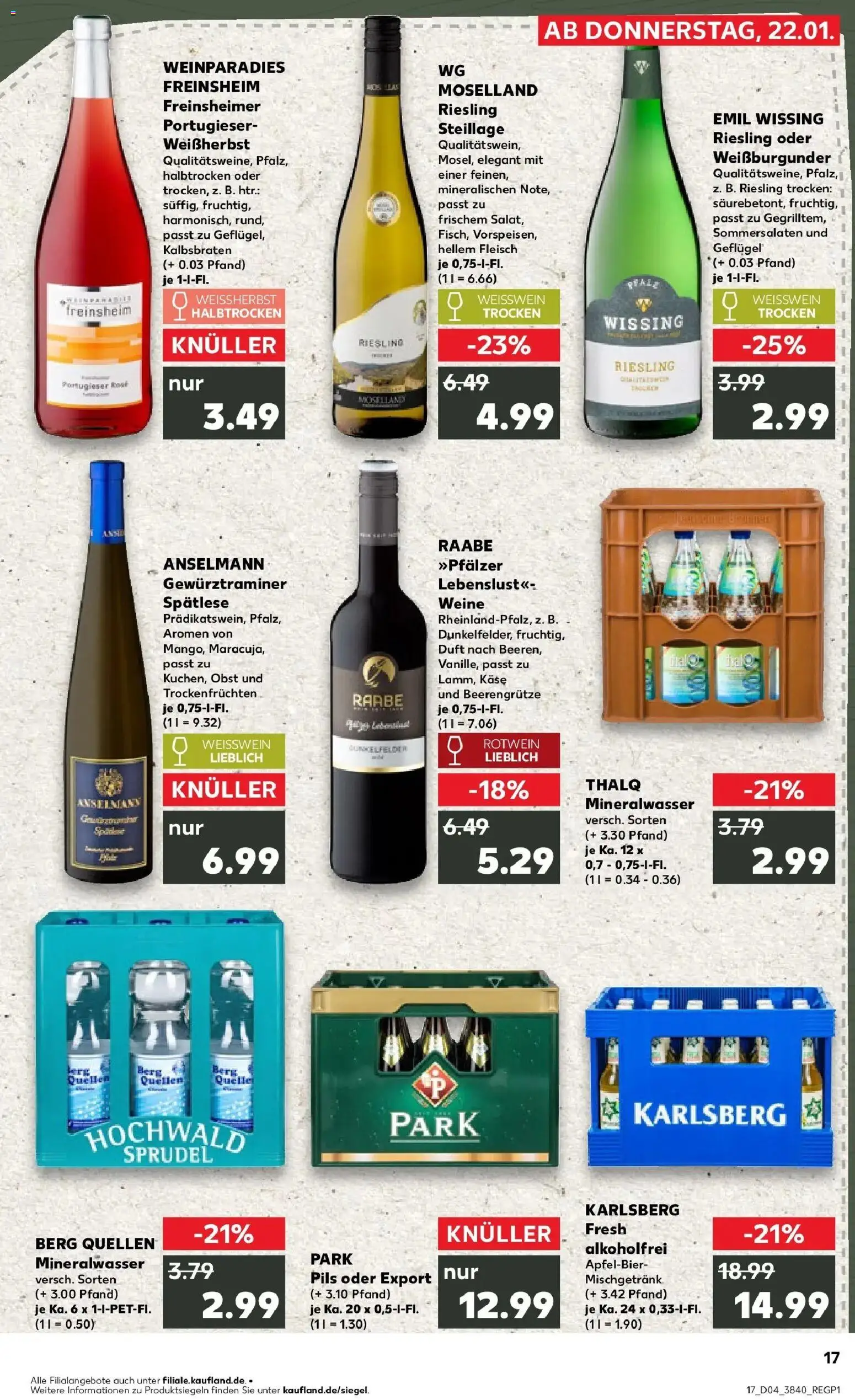 Kaufland prospekt Landstuhl	 – gültig ab 22.01.2026 | Seite: 17 | Produkte: Käse, Weißwein, Rotwein, Mineralwasser