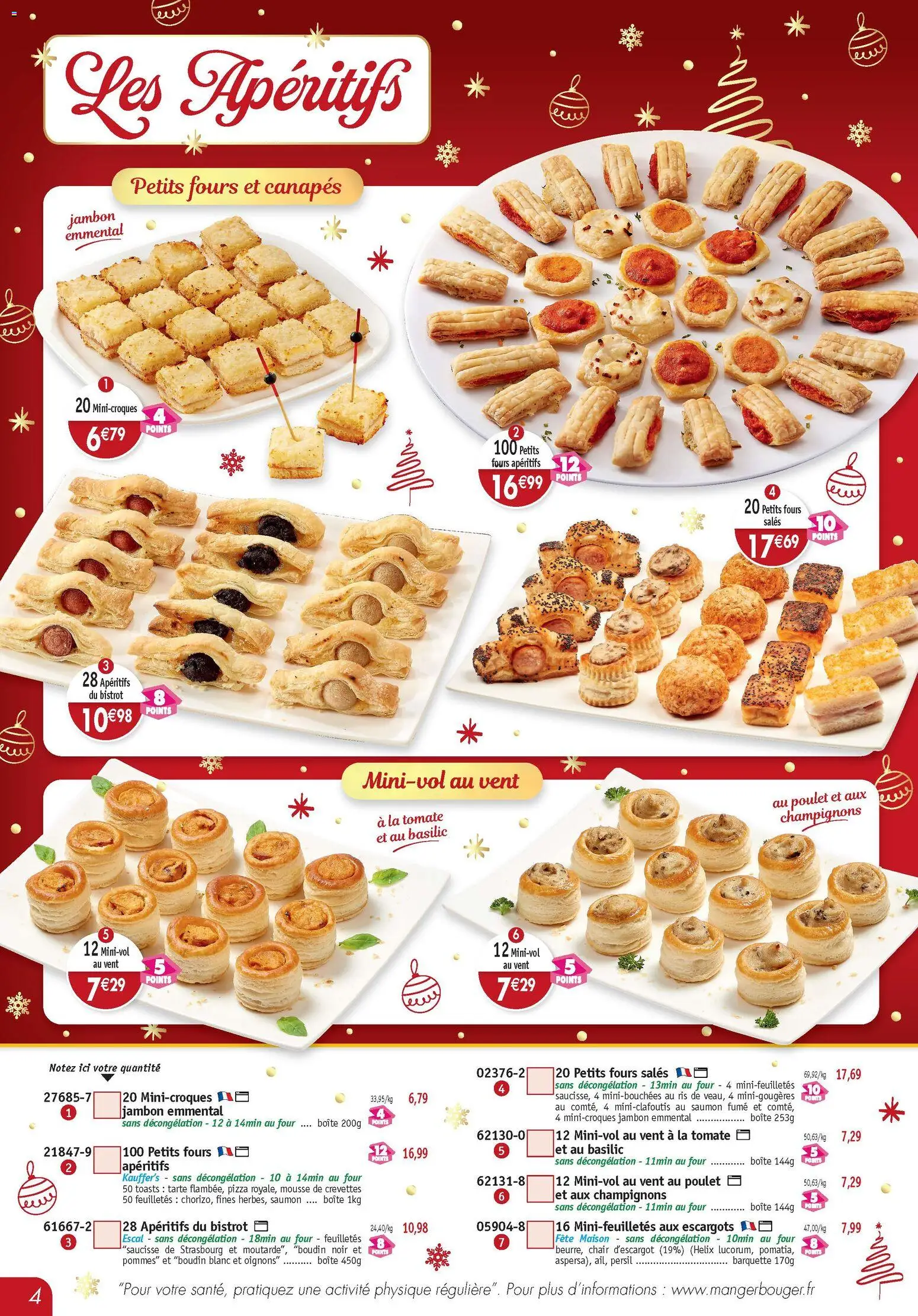 {H1} | Page: 4 | Produits: Escargots, Emmental, Crevettes, Saucisse