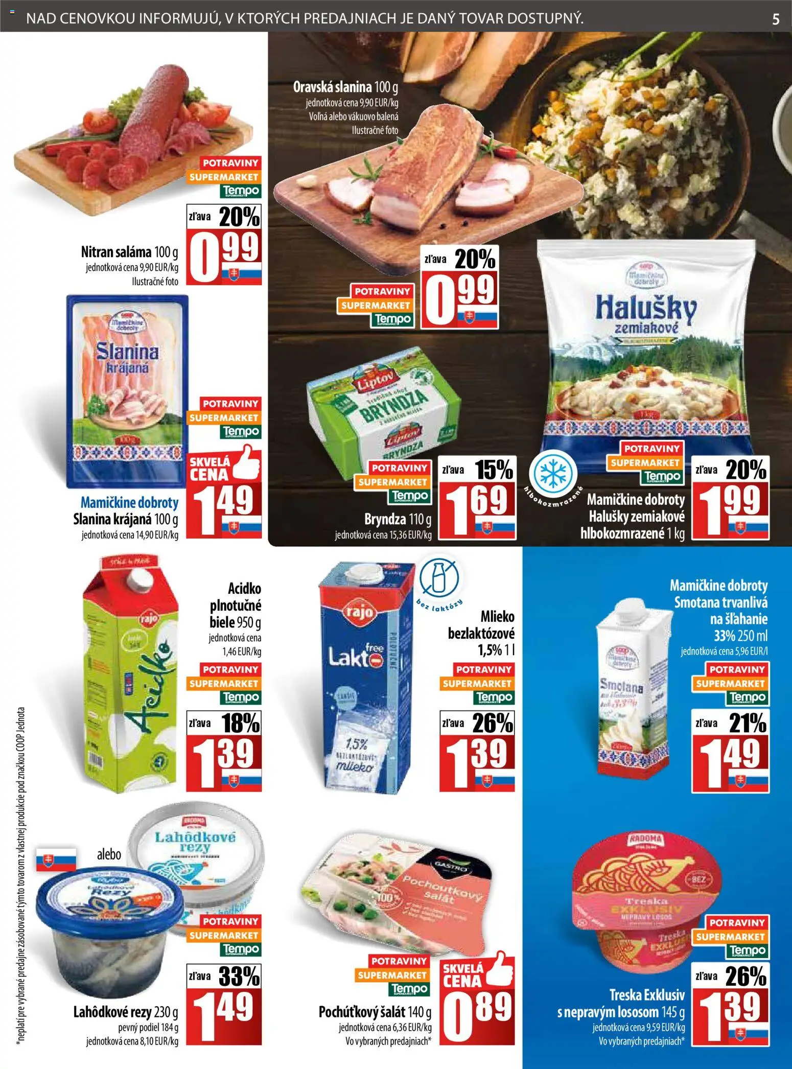 Nové COOP Jednota akcie – leták je platný od 06.11.2025 | Strana: 5 | Produkty: Saláma, Slanina, Šalát, Treska