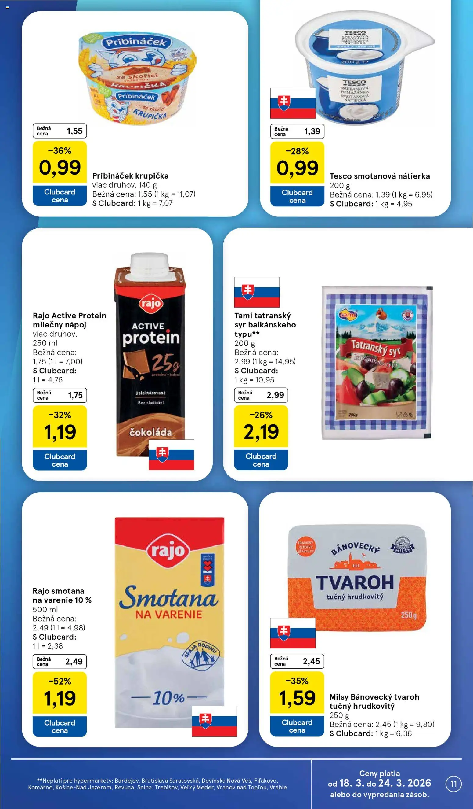 Nové Tesco akcie – leták je platný od 18.03.2026 | Strana: 11 | Produkty: Smotana, Protein, Čokoláda, Tvaroh