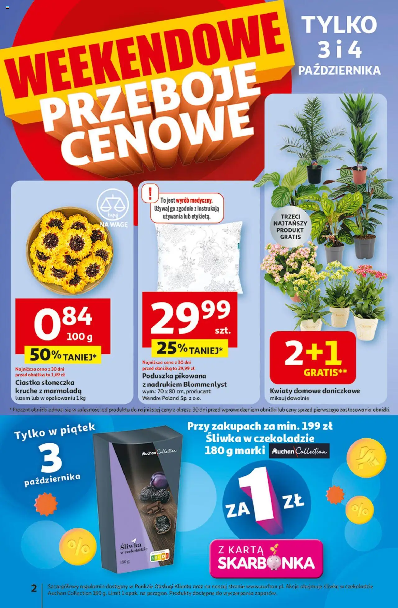 Auchan Gazetka - Wielkie przeboje cenowe Hipermarket od 02.10.2025 | Strona: 2 | Produkty: Karta, Poduszka, Ciastka, Kwiaty