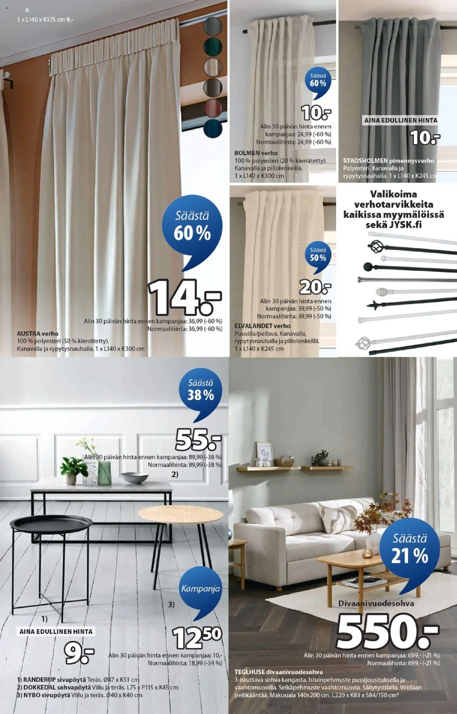JYSK tarjoukset – voimassa 29.01.2026 alkaen | Sivu: 6 | Tuotteet: Verho, Sohva, Sohvapöytä