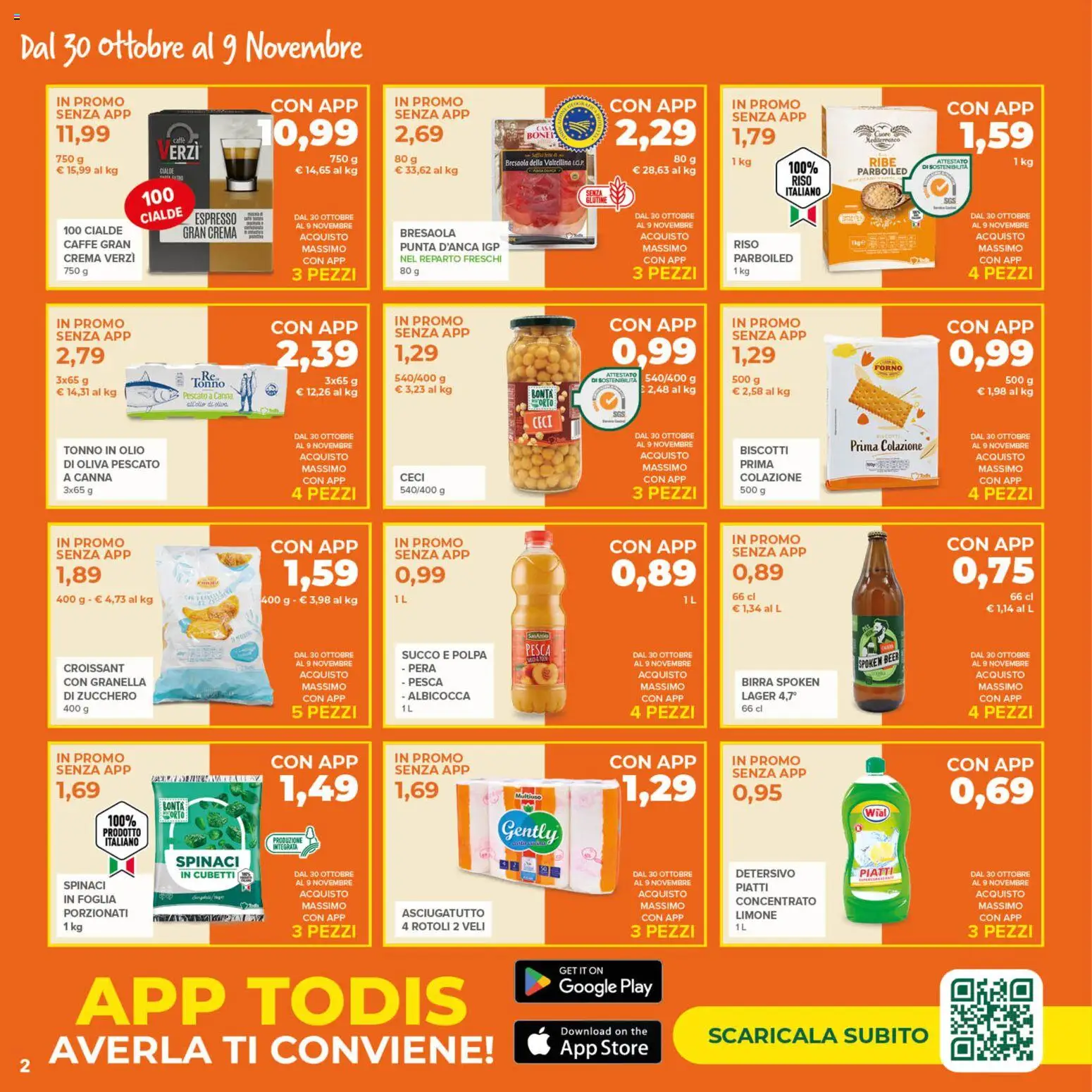 Volantino Todis del 30.10.2025 | Pagina: 2 | Prodotti: Caffè, Succo, Spinaci, The
