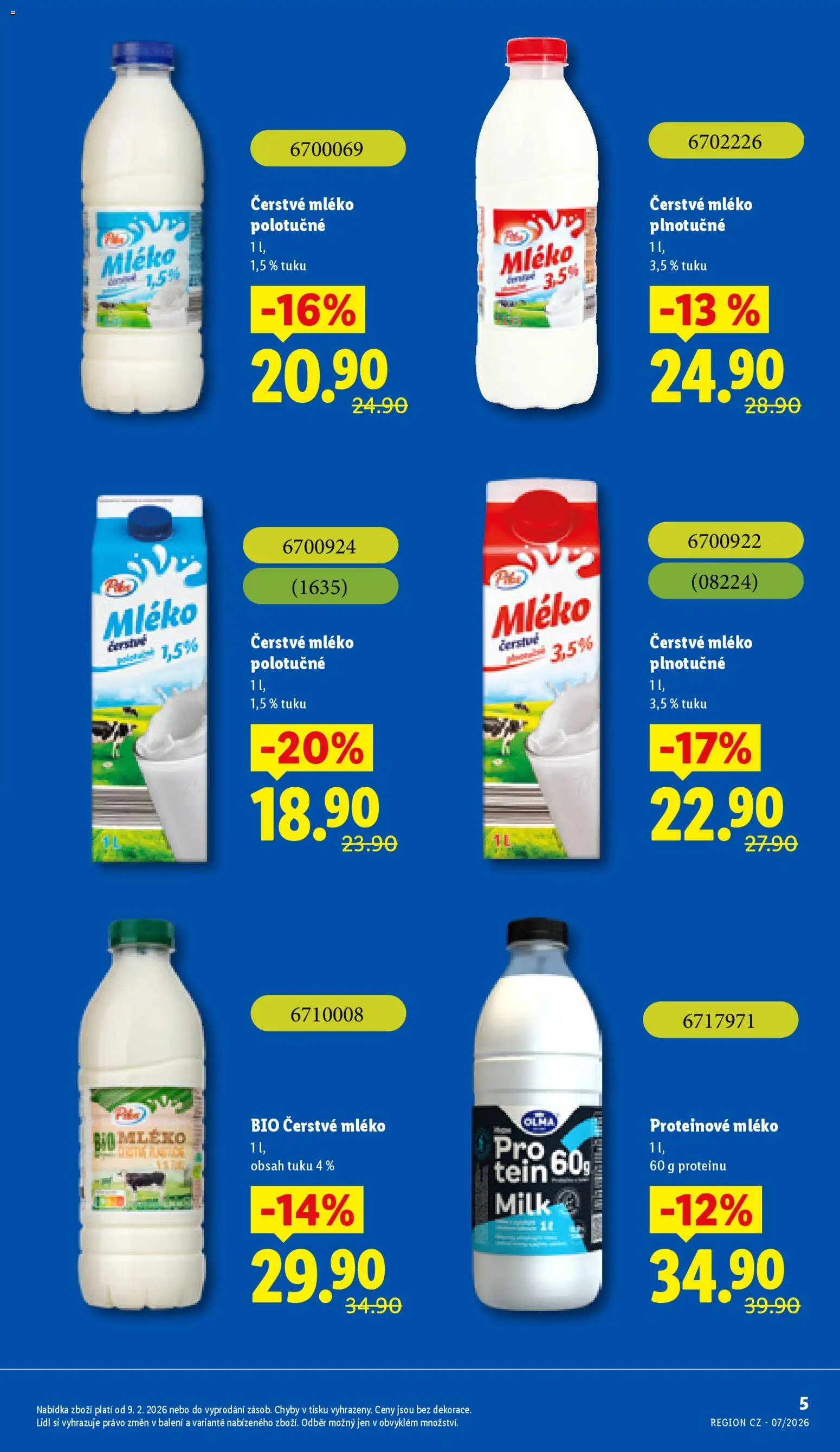 Lidl leták - Trvale snížené ceny od 11.02.2026 | Strana: 5 | Produkty: Mléko polotučné, Mléko, Plnotučné mléko