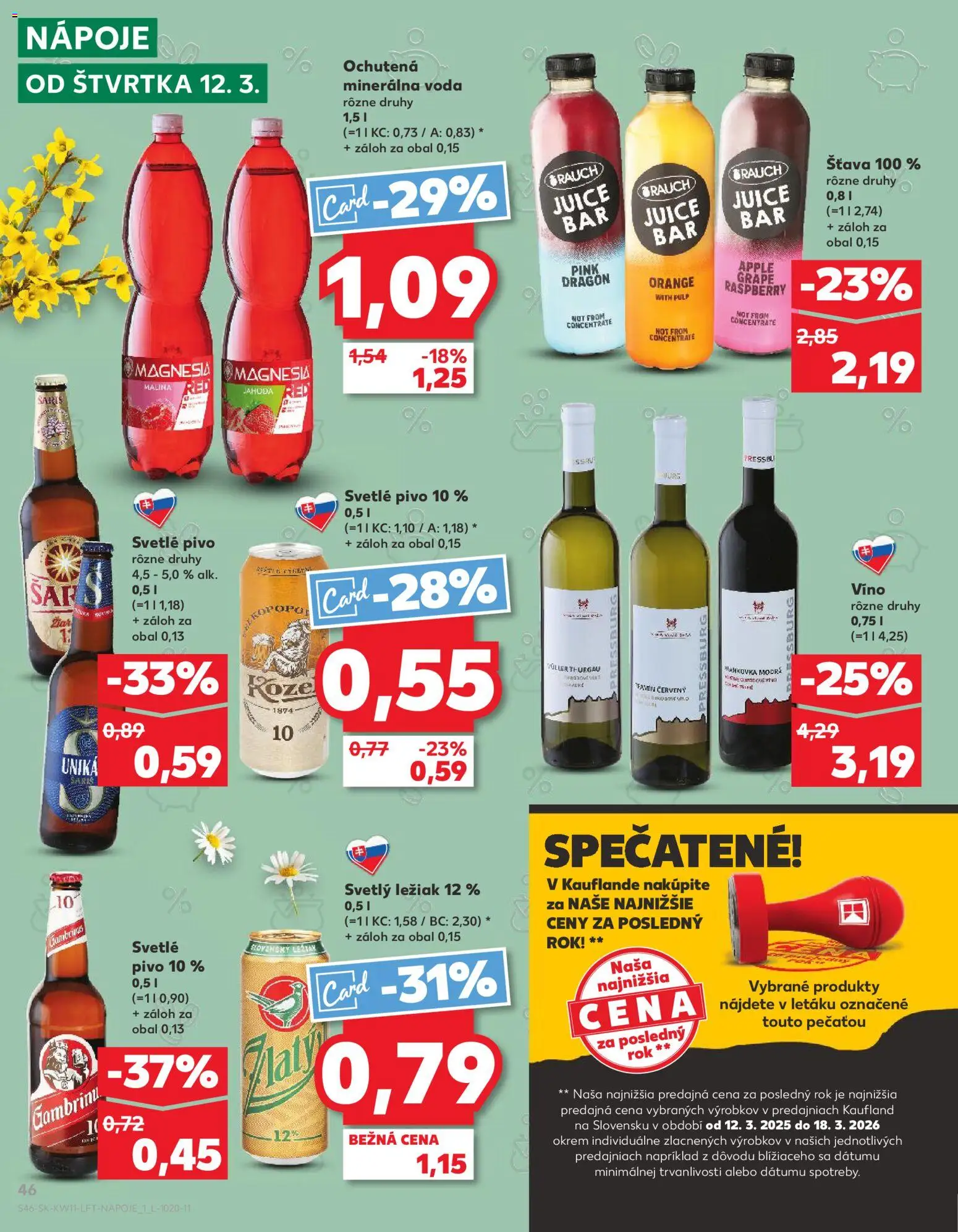 Nové Kaufland akcie – leták je platný od 12.03.2026 | Strana: 46 | Produkty: Pivo, Zlatý Bažant, Voda, Gambrinus
