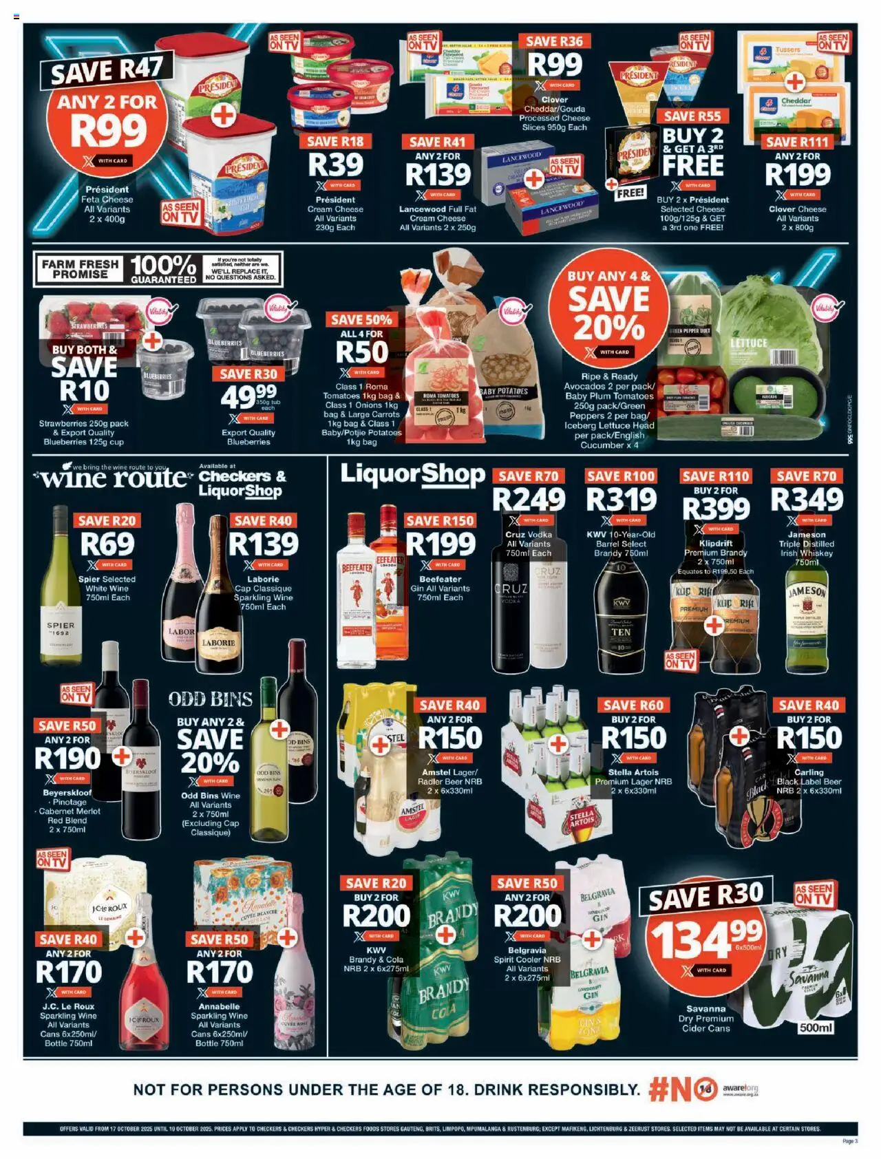 New Checkers catalogue – valid from 17.10.2025 | Page: 3 | Products: Gin, Whiskey, Onions, Máscara de pestañas