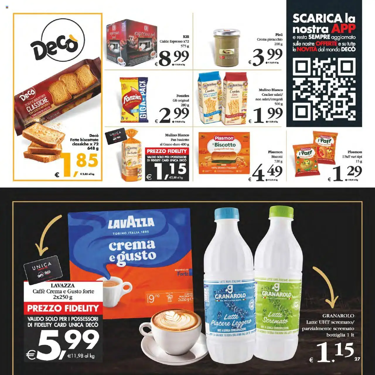 Volantino Decò del 12.08.2025 | Pagina: 27 | Prodotti: Fette biscottate, Lavazza, Bottiglia, Macinato