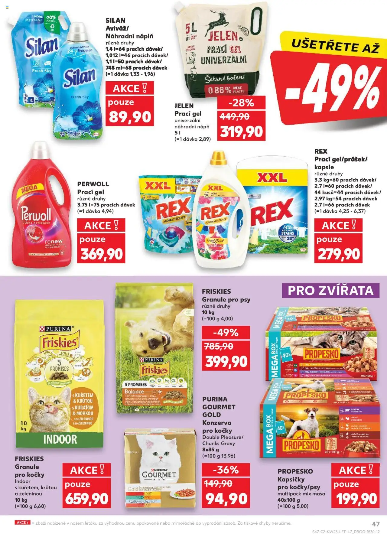 Kaufland leták od 25.06.2025 | Strana: 47 | Produkty: Prací gel, Granule pro psy Friskies, Purina, Gourmet Gold