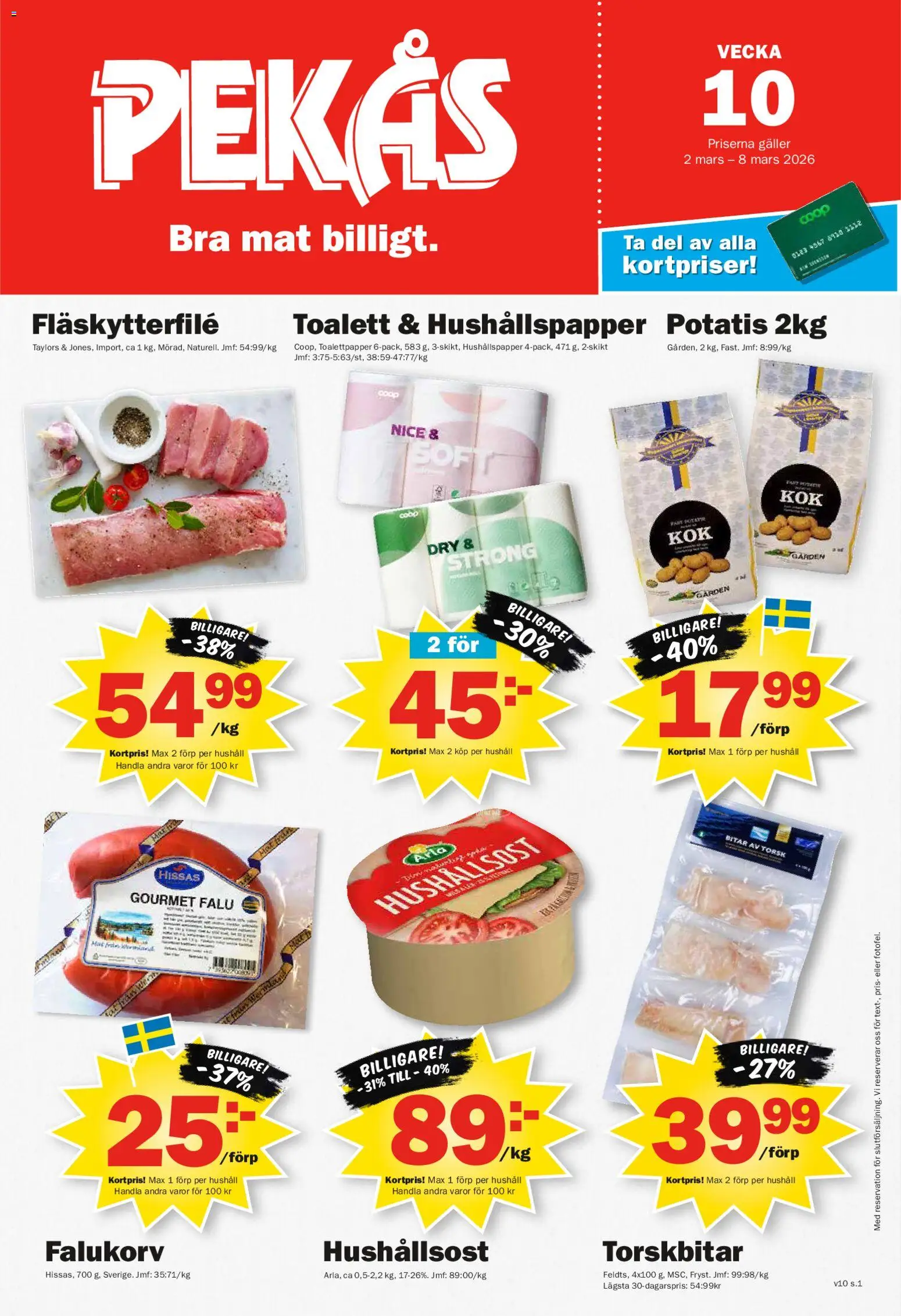 Pekås reklamblad aktuell från 02.03.2026 | Sida: 1 | Produkter: Toalettpapper, Galler, Hushållsost, Toalett