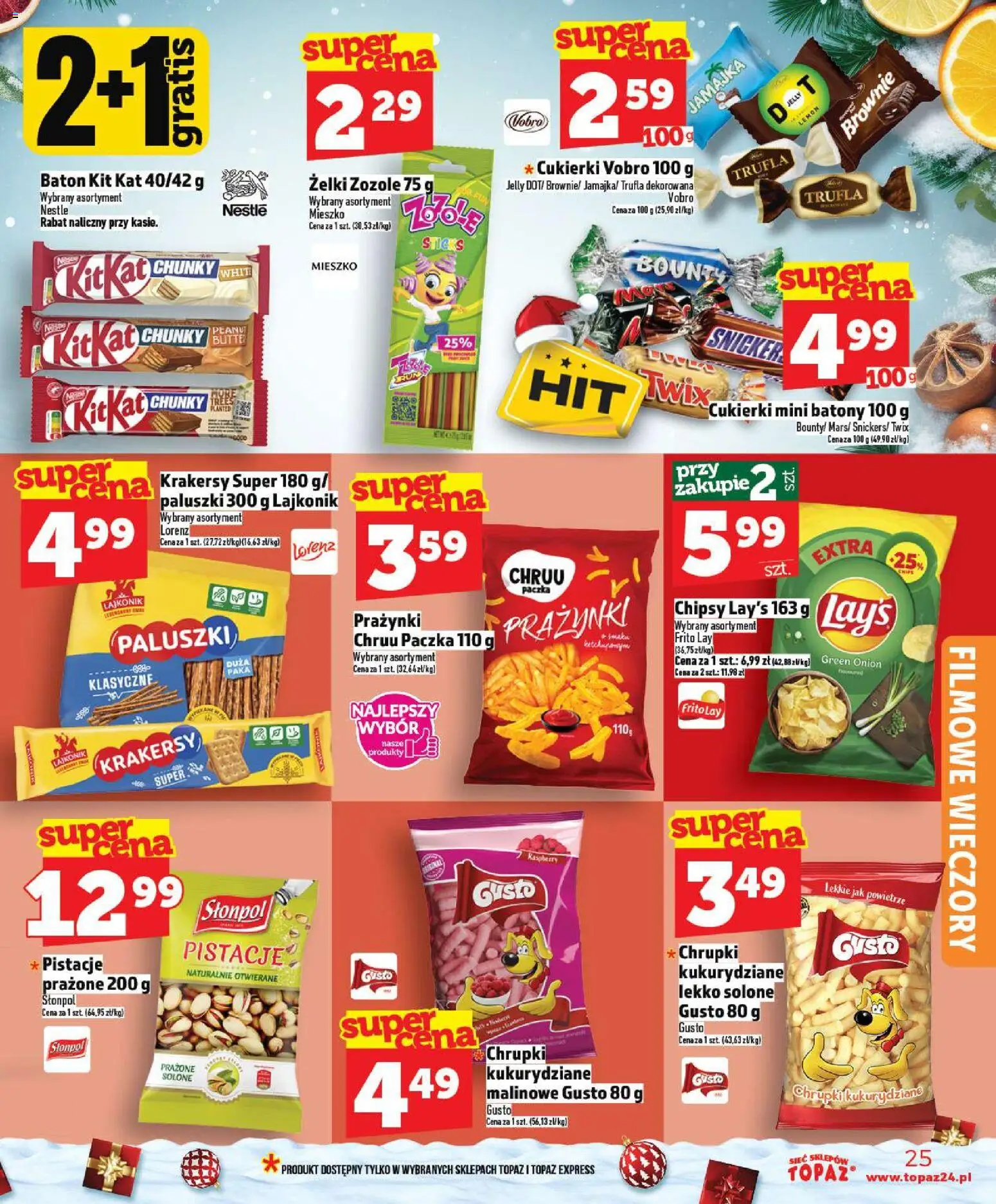Topaz Gazetka - Ceny małe na stałe od 18.12.2025 | Strona: 25 | Produkty: Chipsy, Baton, Cukierki mini, Cukierki