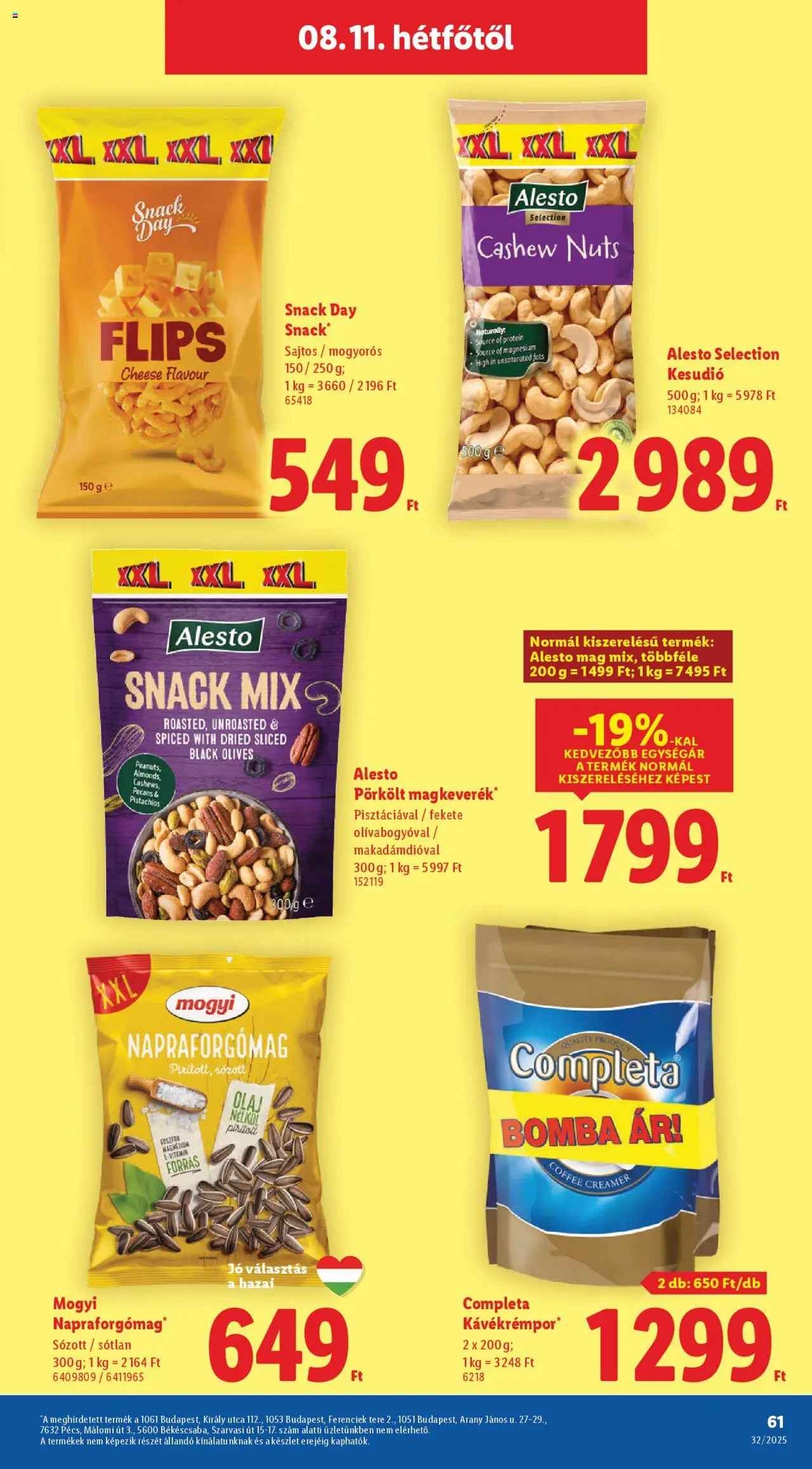 Lidl akciós ujság - amely érvényes a következő dátumtól: 07.08.2025 | Oldal: 61 | Termékek: Napraforgómag, Kesudió, Protein, Olaj