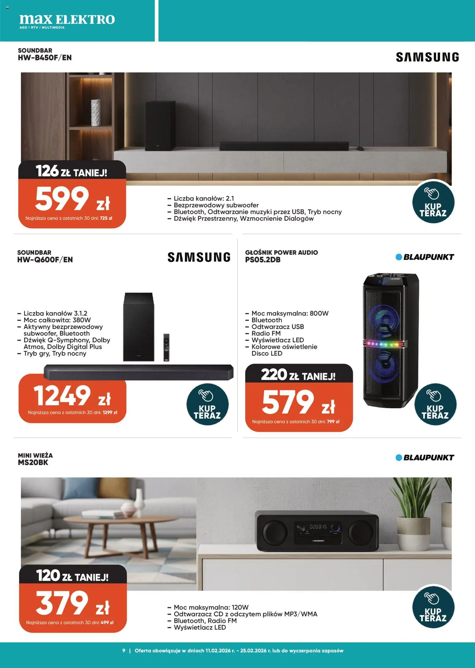 Max elektro Gazetka od 11.02.2026 | Strona: 9 | Produkty: Audio, Radio, Głośnik, Soundbar