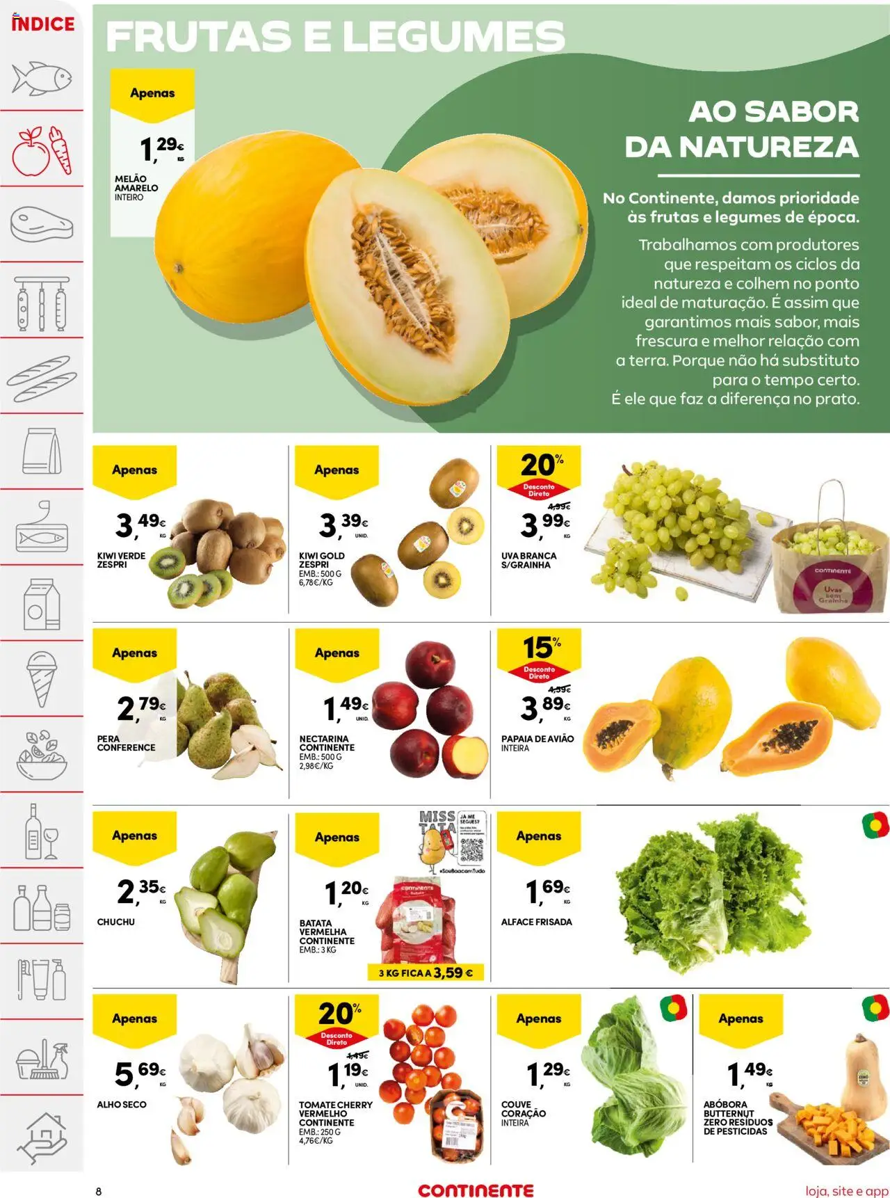 Continente folheto │ válido de 12.08.2025 | Página: 8 | Produtos: Batata, Melão, Kiwi, Couve