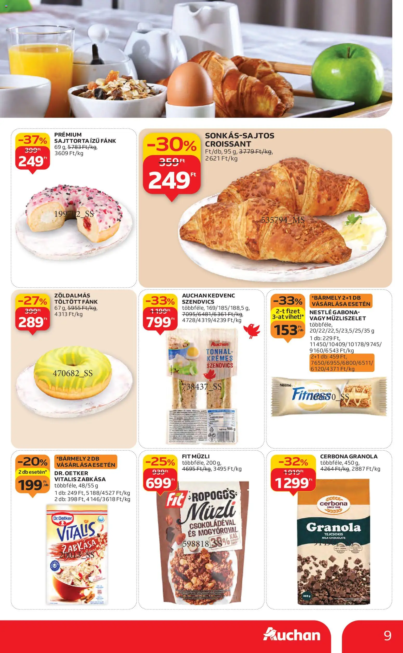Auchan akciós ujság - amely érvényes a következő dátumtól: 22.01.2026 | Oldal: 9 | Termékek: Croissant, Szendvics, Sajttorta, Müzliszelet