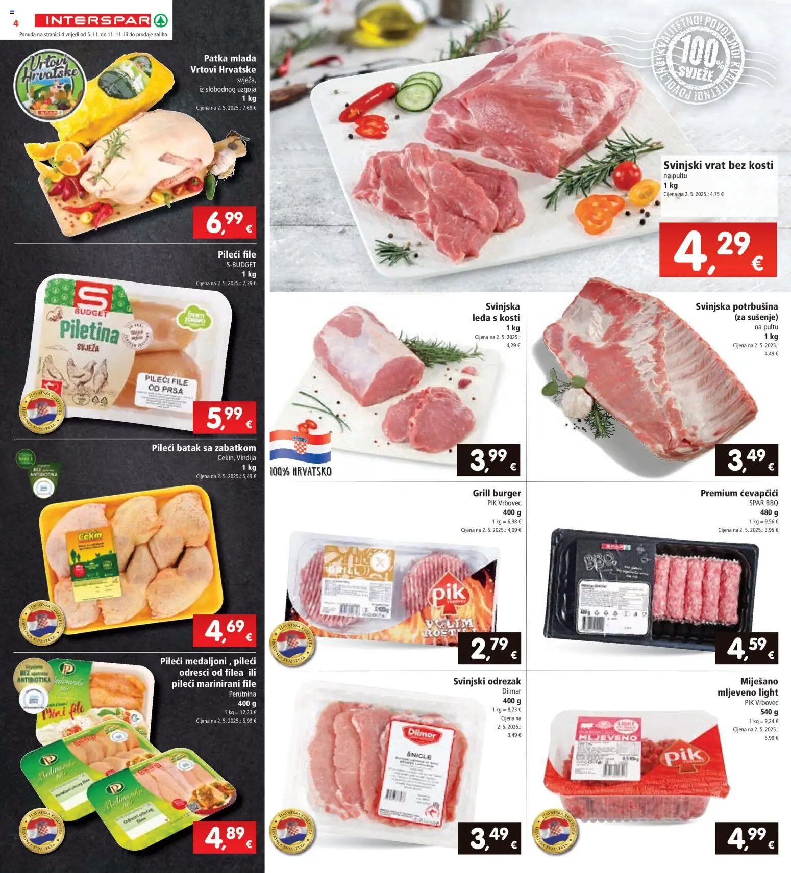 Interspar katalog | vrijedi od 05.11.2025 | Stranica: 4 | Proizvodi: Svinjski vrat, Pileći file, Piletina, Ćevapčići