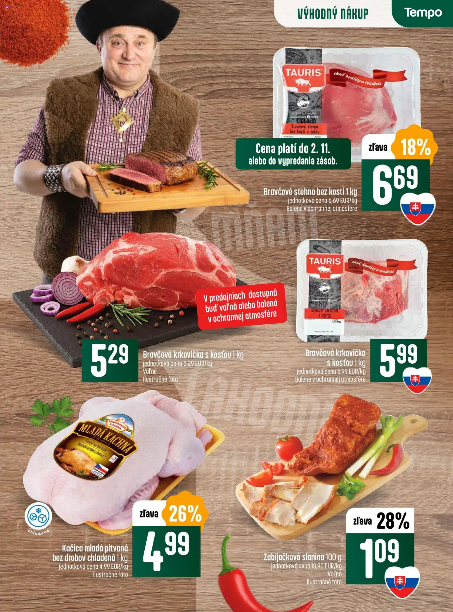 Nové COOP Jednota akcie – leták je platný od 30.10.2025 | Strana: 5 | Produkty: Slanina, Bravčová krkovička, Bravčové stehno, Kačica