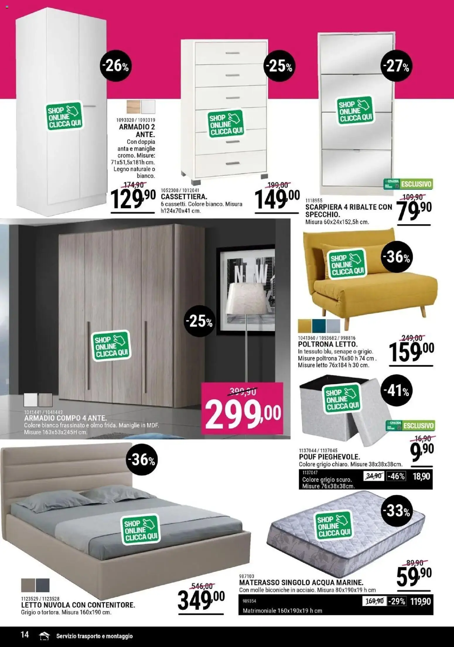 Volantino CFadda del 19.02.2026 | Pagina: 14 | Prodotti: Letto, Materasso, Armadio, Poltrona