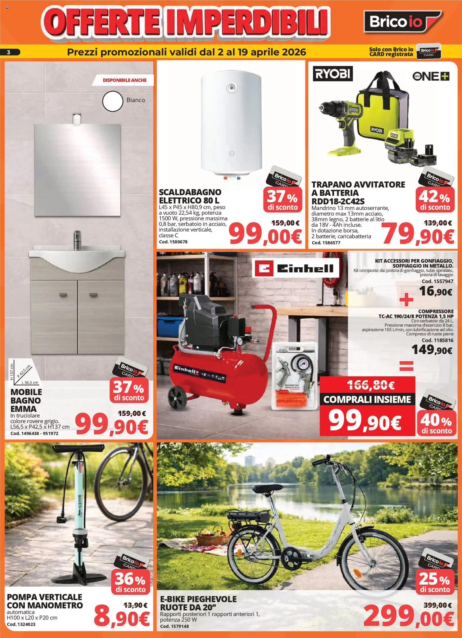 Volantino Brico io del 02.04.2026 | Pagina: 3 | Prodotti: Scaldabagno, Compressore, Tubo, Batteria