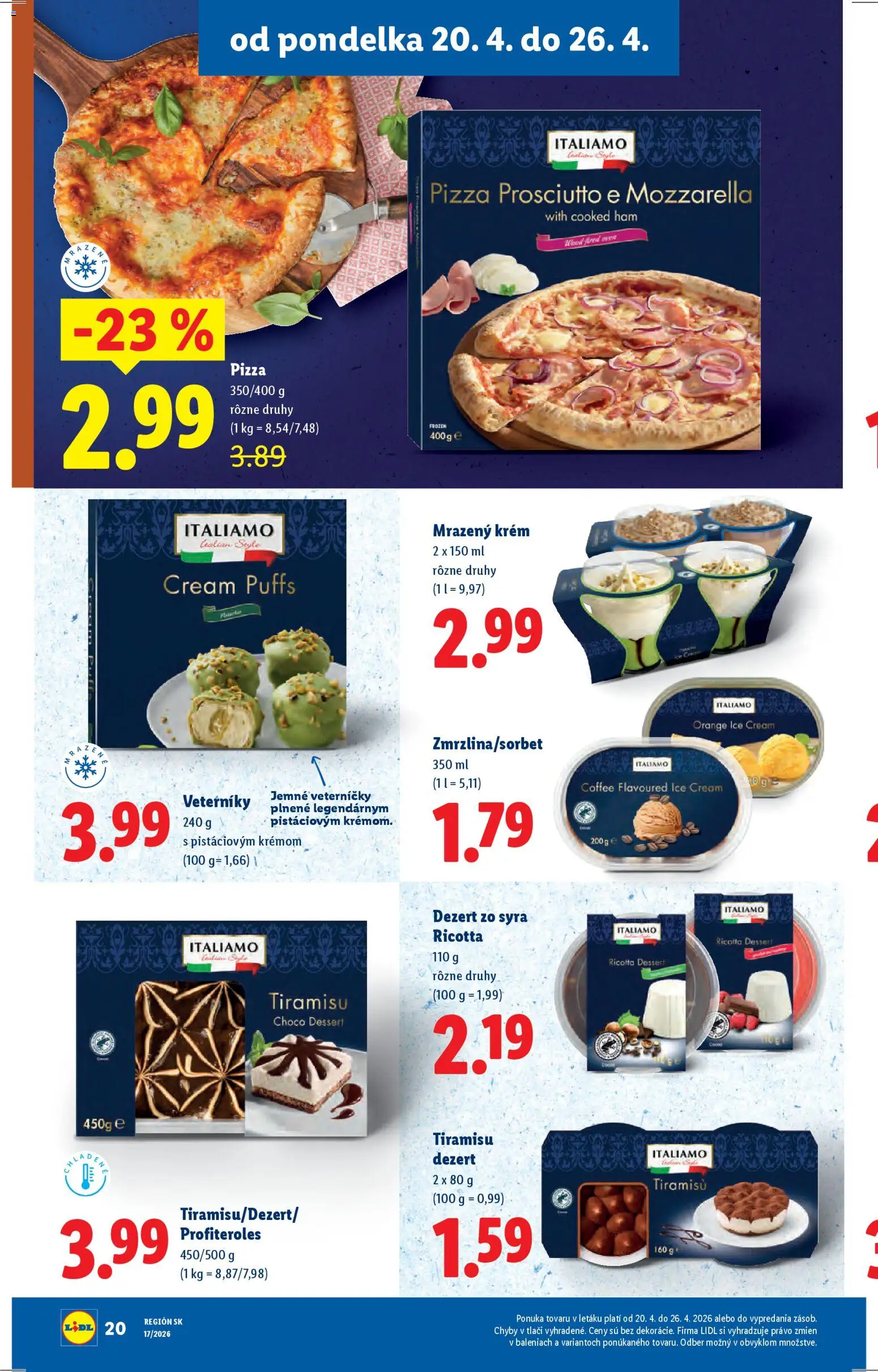 Nové Lidl akcie – leták je platný od 20.04.2026 | Strana: 20 | Produkty: Pizza, Mozzarella, Krém