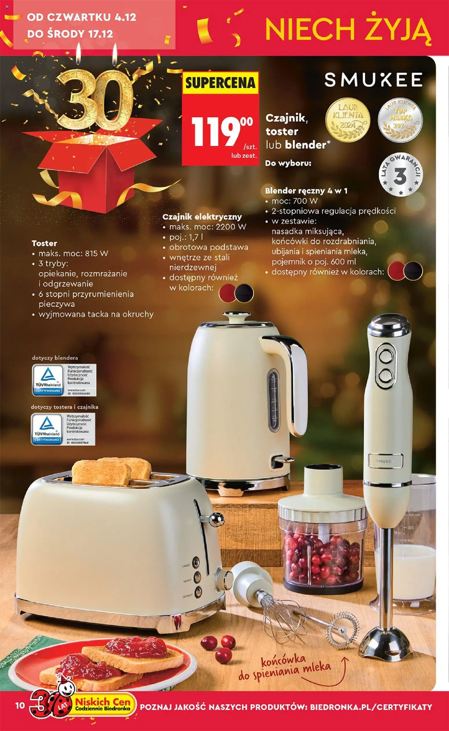 Biedronka gazetka - Hity i inspiracje od 29.11.2025 | Strona: 10 | Produkty: Blender ręczny, Czajnik, Mleka, Toster