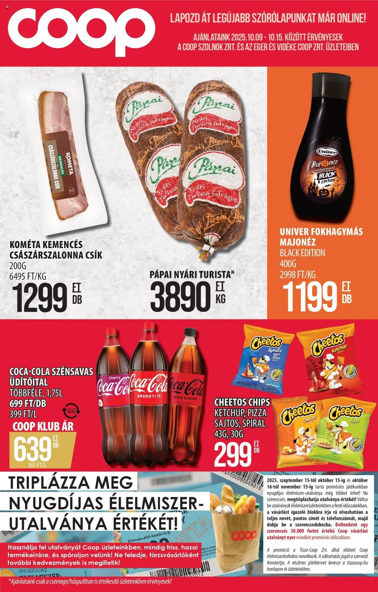 COOP Szolnok akciós ujság - amely érvényes a következő dátumtól: 09.10.2025 | Oldal: 1 | Termékek: Cheetos, Pizza, Majonéz, Cukor