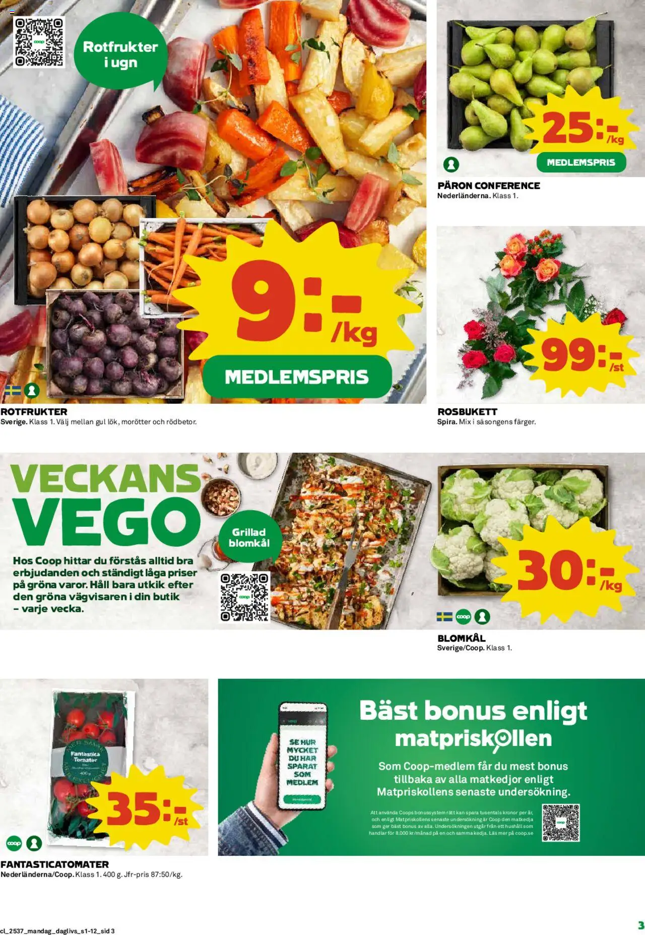 Coop Daglivs reklamblad aktuell från 08.09.2025 | Sida: 3 | Produkter: Tomater, Blomkål, Häll