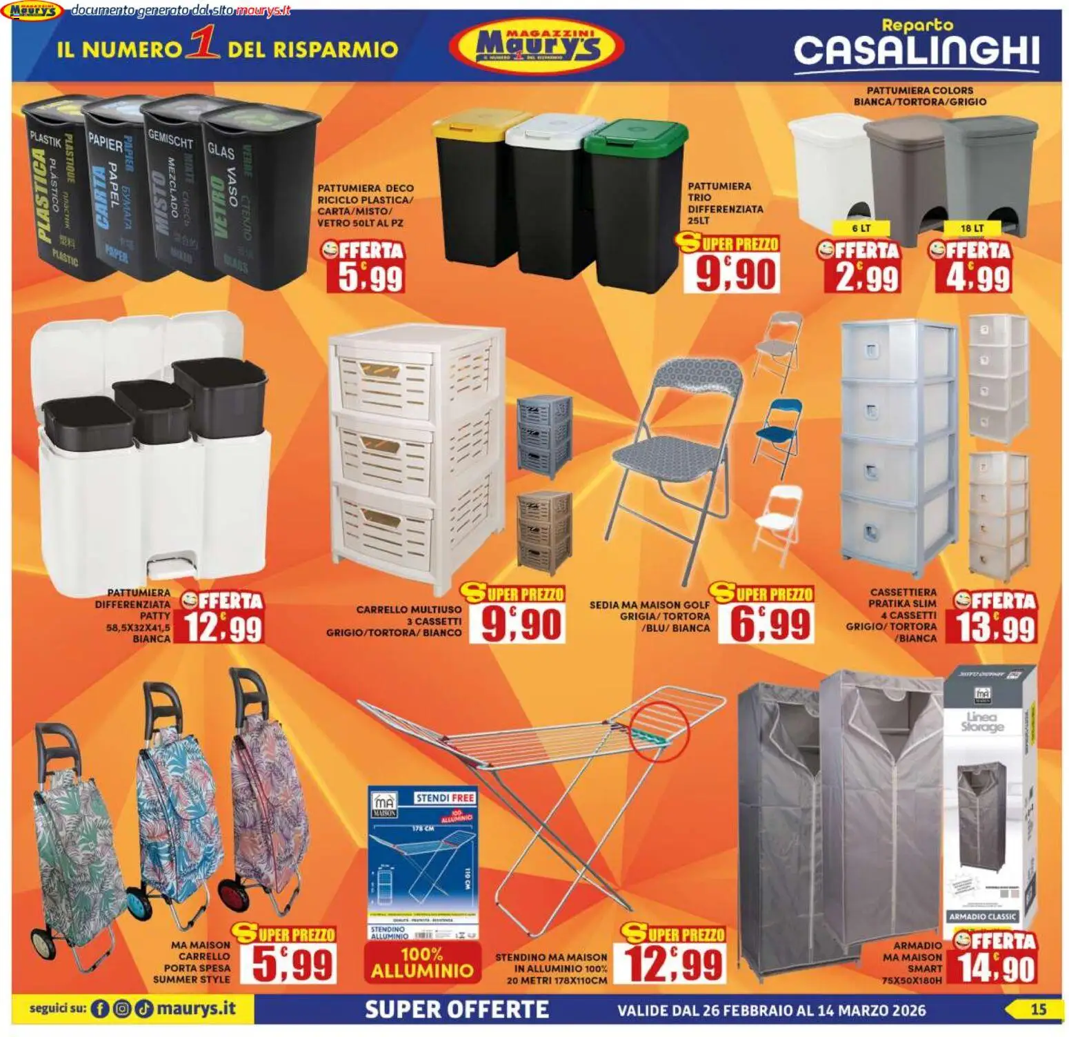 Volantino Maury's del 26.02.2026 | Pagina: 15 | Prodotti: Pattumiera, Stendino, Armadio, Sedia