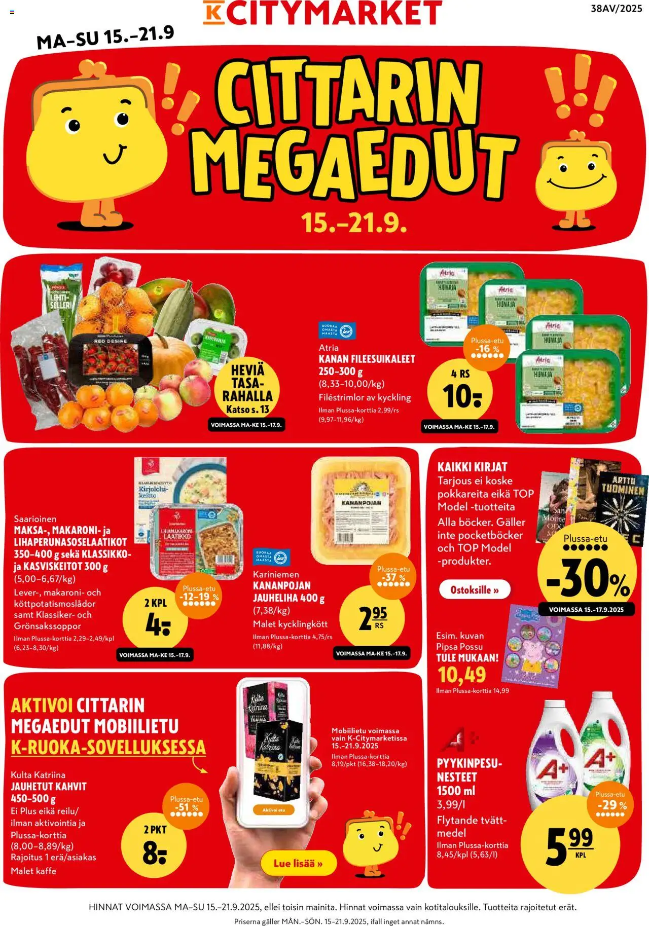 K-Citymarket tarjoukset – voimassa 15.09.2025 alkaen | Sivu: 1 | Tuotteet: Kirjolohi, Jauheliha, Selleri, Laatikko