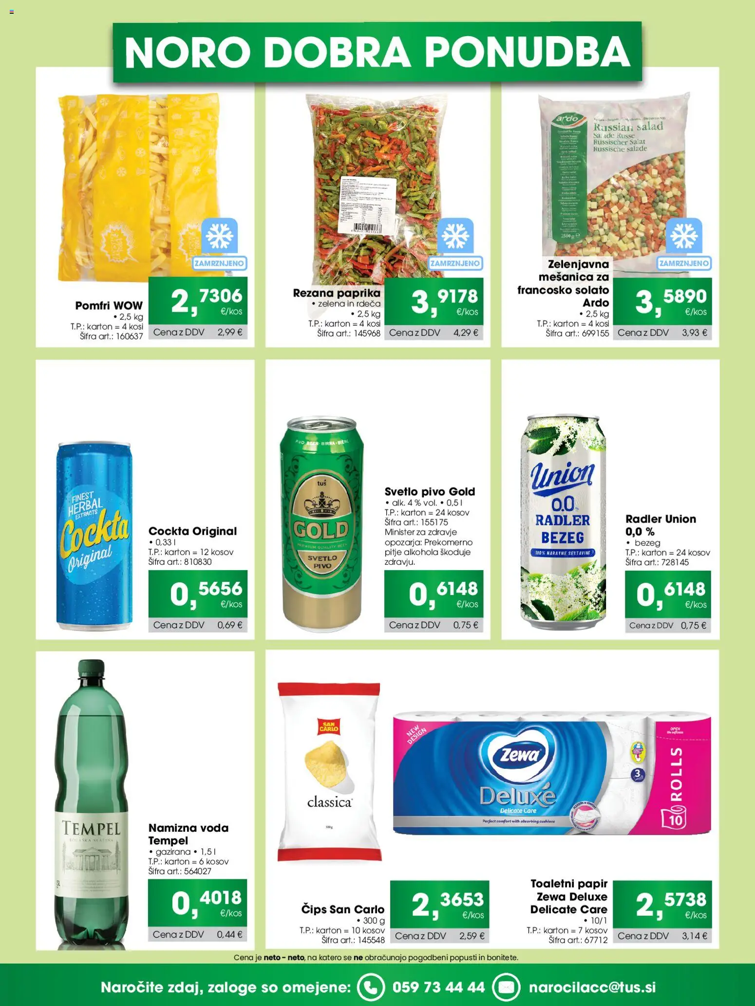 Novi Tuš katalog ponudbe – veljaven od 20.04.2026 | Stran: 2 | Izdelki: Toaletni papir, Radler, Pivo, Zelena