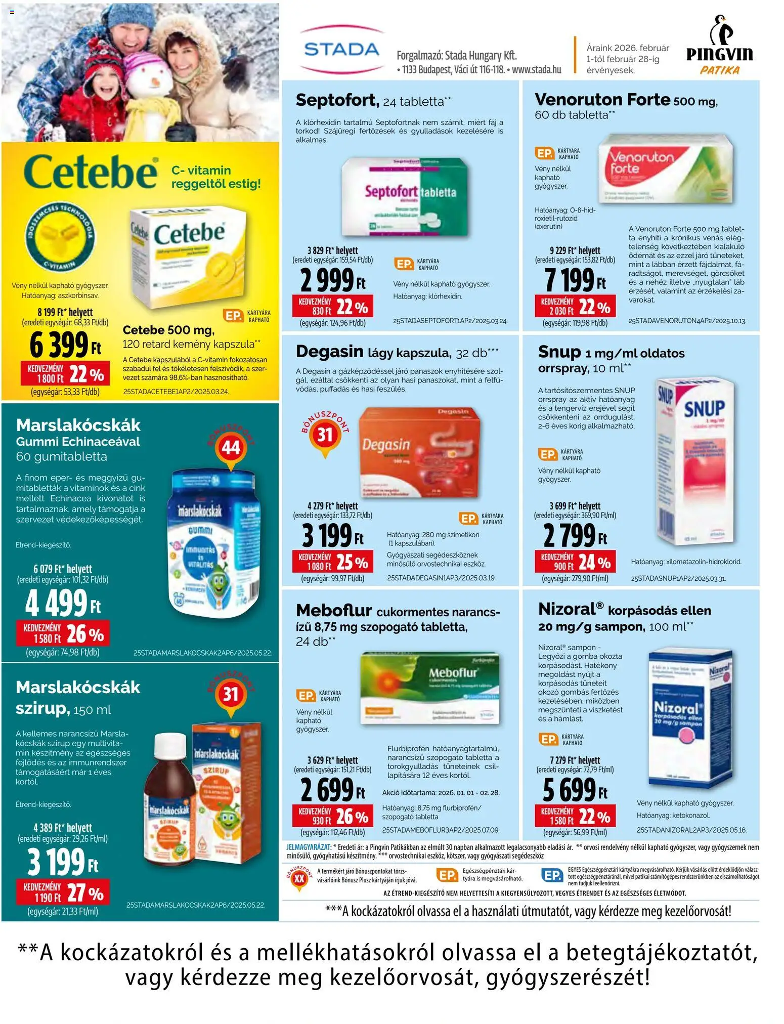 Pingvin Patika akciós ujság - amely érvényes a következő dátumtól: 01.02.2026 | Oldal: 1 | Termékek: Gomba, Sampon, Narancs, Eper