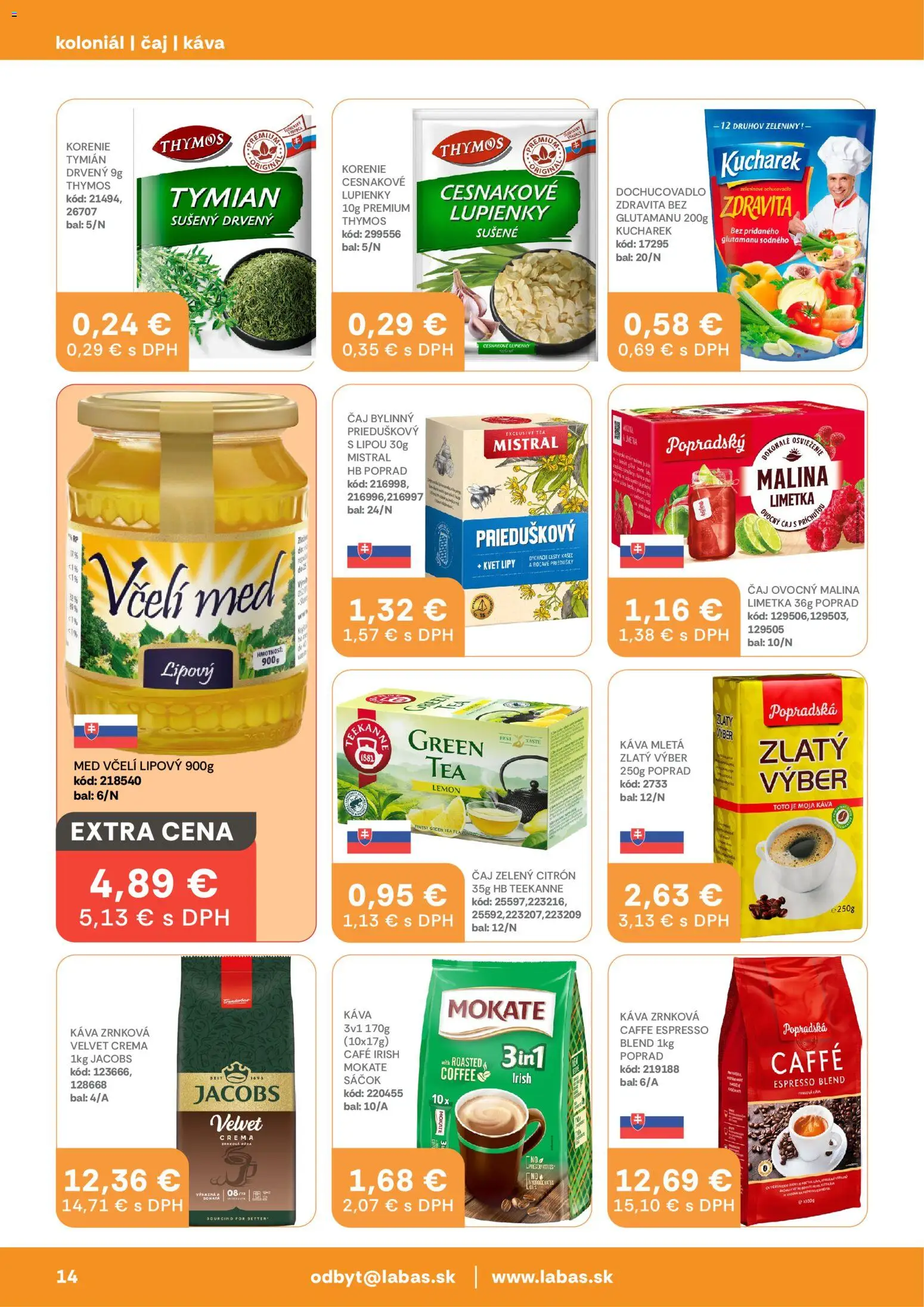Nové Labaš akcie – leták je platný od 10.04.2026 | Strana: 14 | Produkty: Káva, Čaj, Teekanne, Med