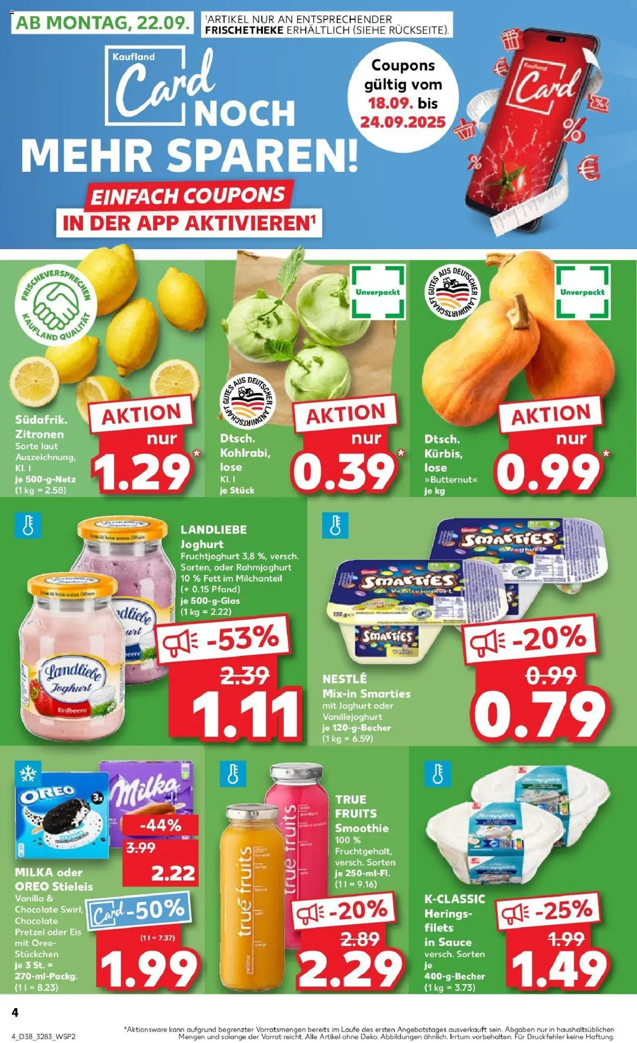 Kaufland prospekt Eisenberg	 – gültig ab 21.09.2025 | Seite: 4 | Produkte: Joghurt, Smarties, Fruchtjoghurt, Eis