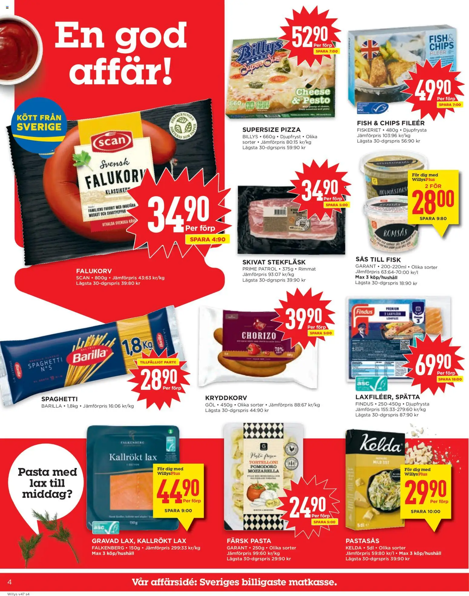 Willys reklamblad aktuell från 17.11.2025 | Sida: 4 | Produkter: Romsås, Falukorv, Spaghetti, Chorizo