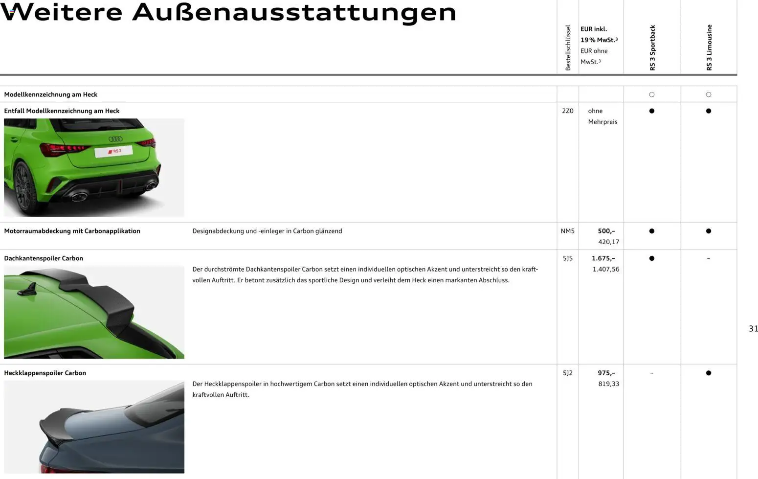 Audi RS 3 Sportback / RS 3 Limousine – gültig ab 28.10.2025 | Seite: 31
