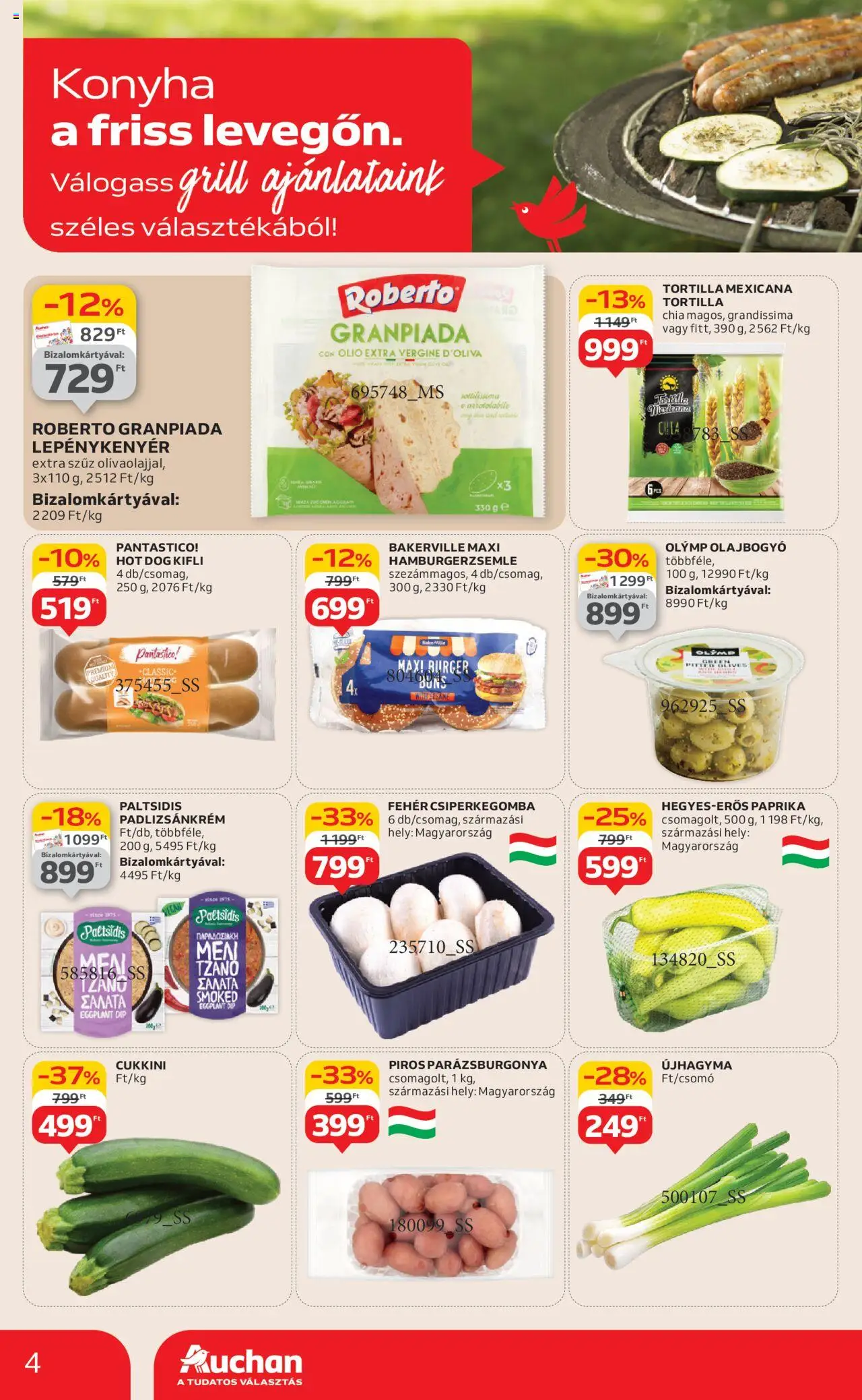 Auchan akciós ujság - amely érvényes a következő dátumtól: 12.06.2025 | Oldal: 4 | Termékek: Hot dog, Hamburger, Cukkini, Kifli