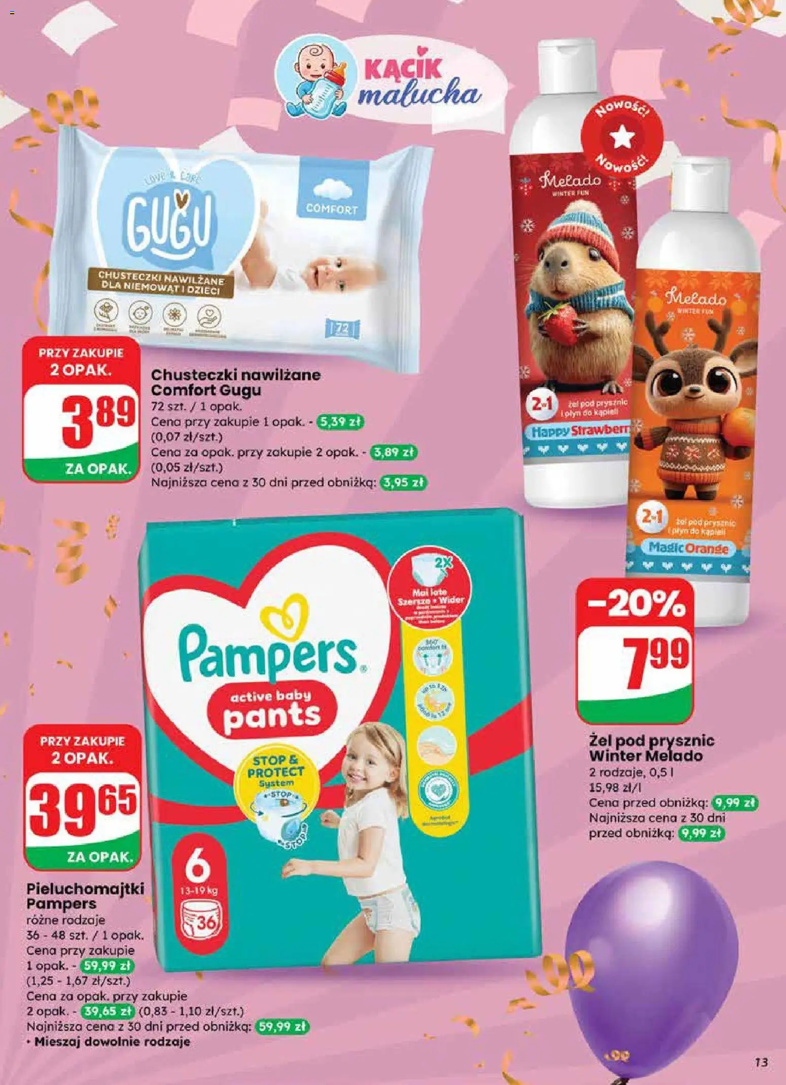 Dino Gazetka od 27.12.2025 | Strona: 13 | Produkty: Pampers, Pieluchomajtki, Prysznic, Żel pod prysznic