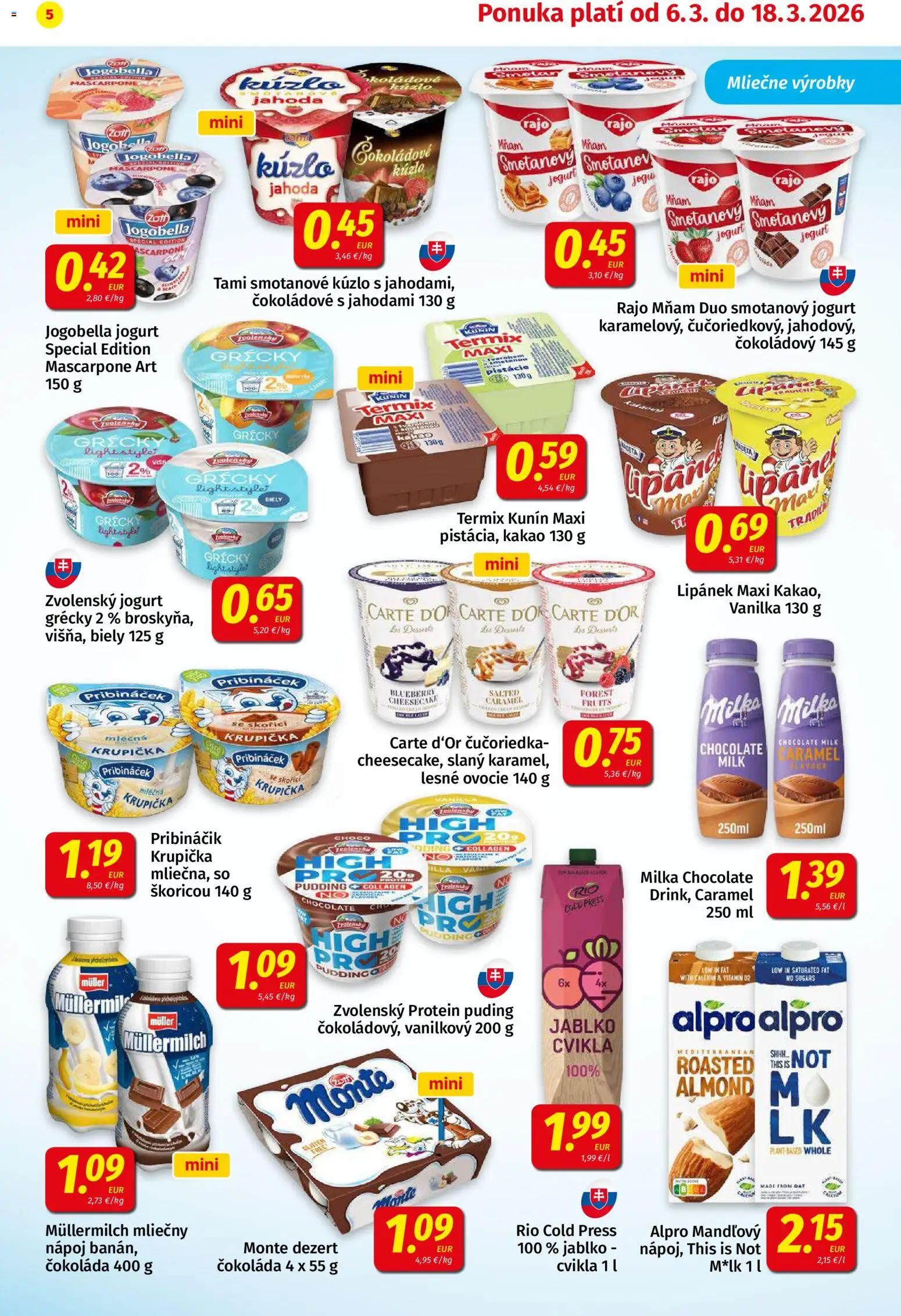 Nové Koruna akcie – leták je platný od 06.03.2026 | Strana: 5 | Produkty: Jogurt, Pribináčik, Cvikla, Kakao
