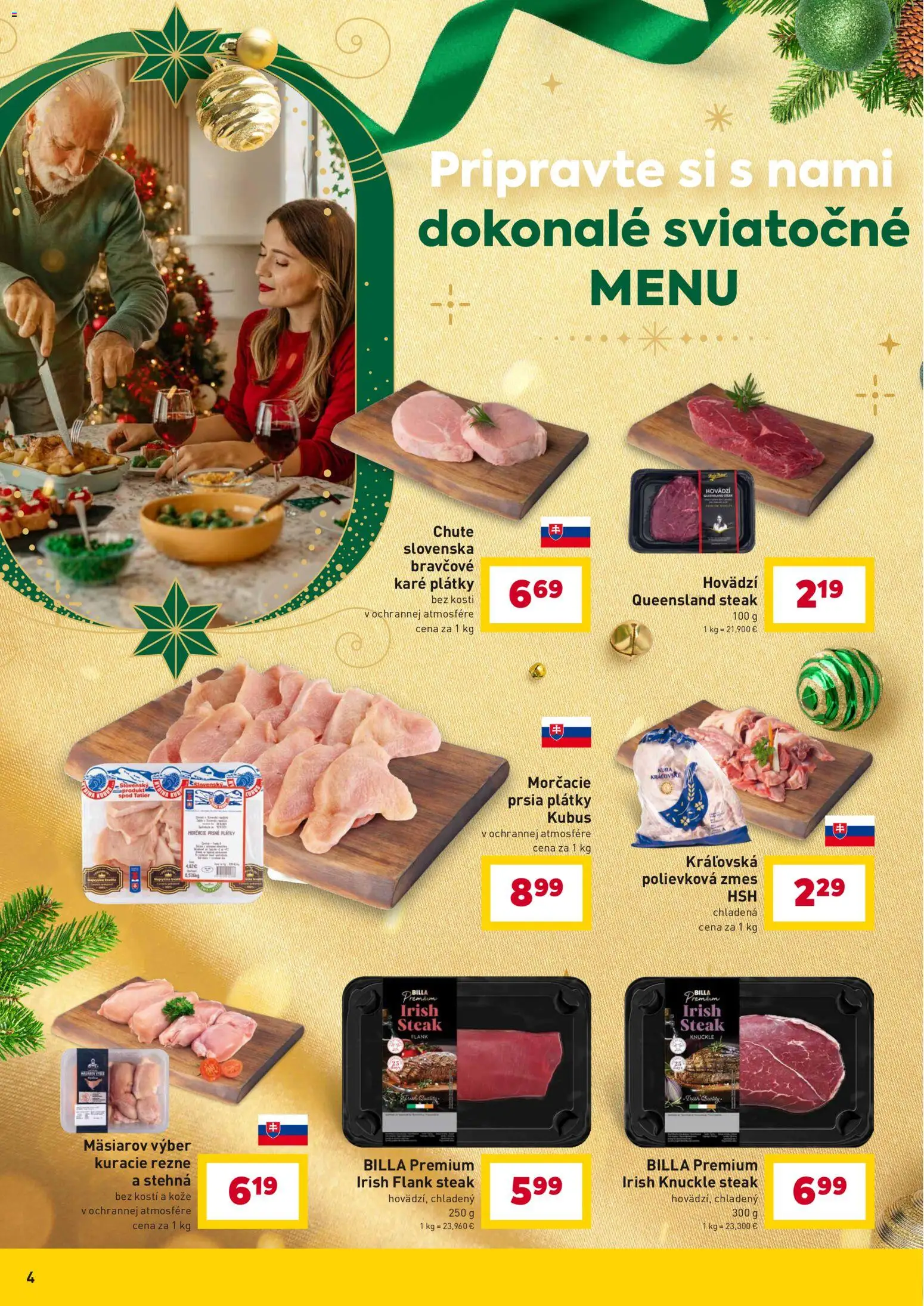 Nové Billa akcie – leták je platný od 10.12.2025 | Strana: 4 | Produkty: Kuracie rezne, Steak, Bravčové karé