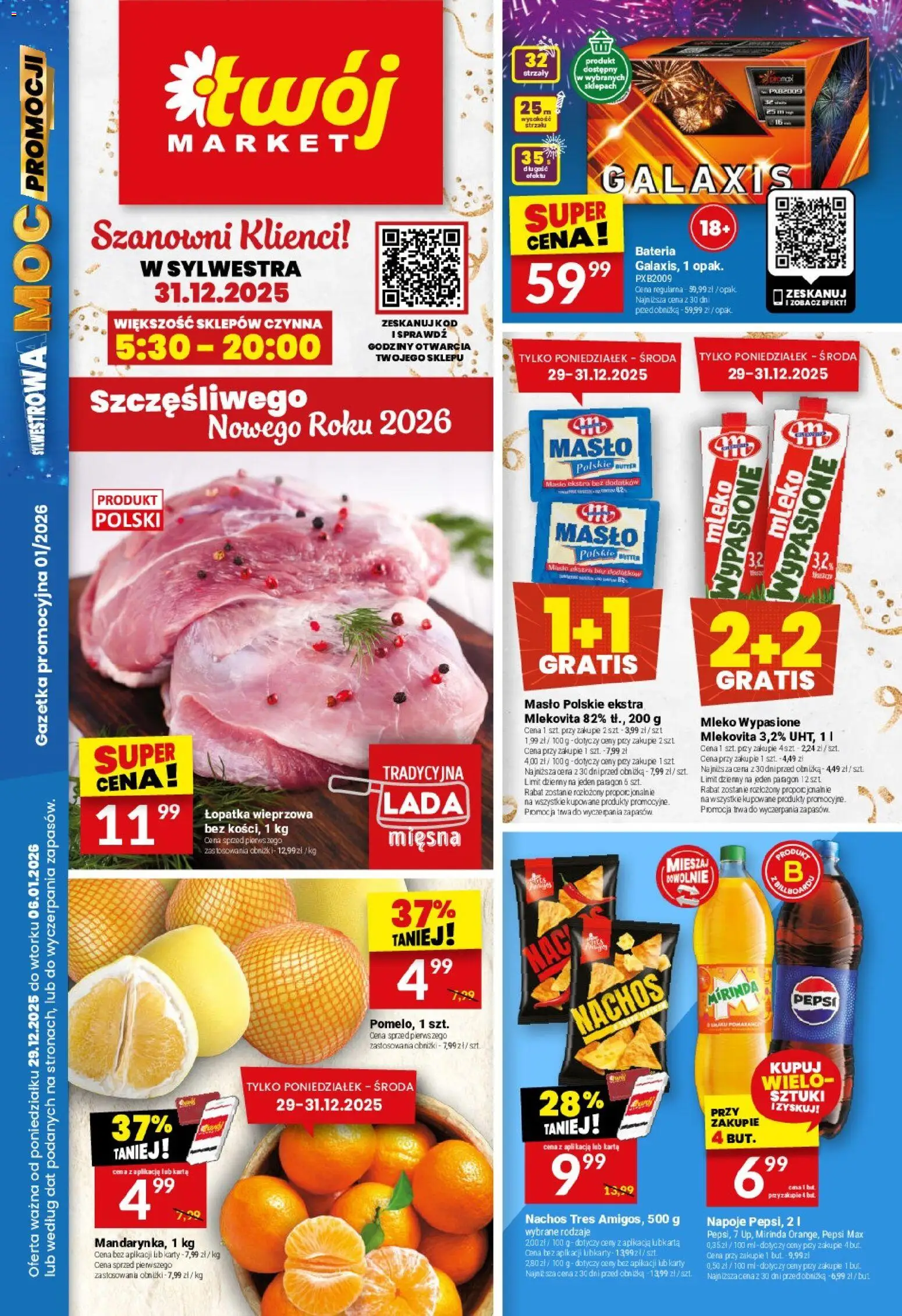 Twój Market Gazetka od 29.12.2025 | Strona: 1 | Produkty: Karta, Pepsi, Łopatka wieprzowa, Masło