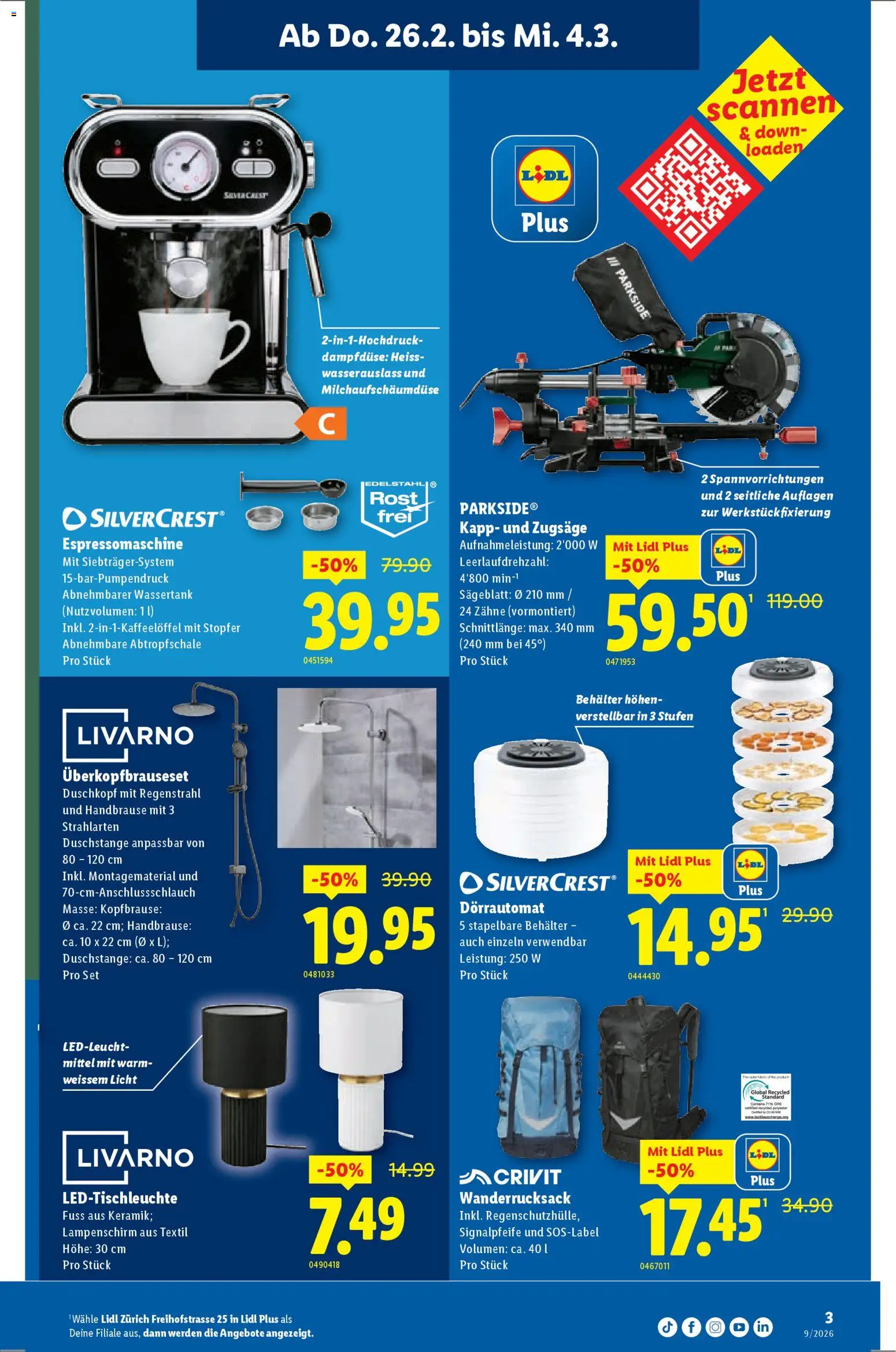 Lidl Aktionen Neueröffnung Zürich – gültig ab 26.02.2026 | Seite: 3 | Produkte: Lampenschirm, Wanderrucksack