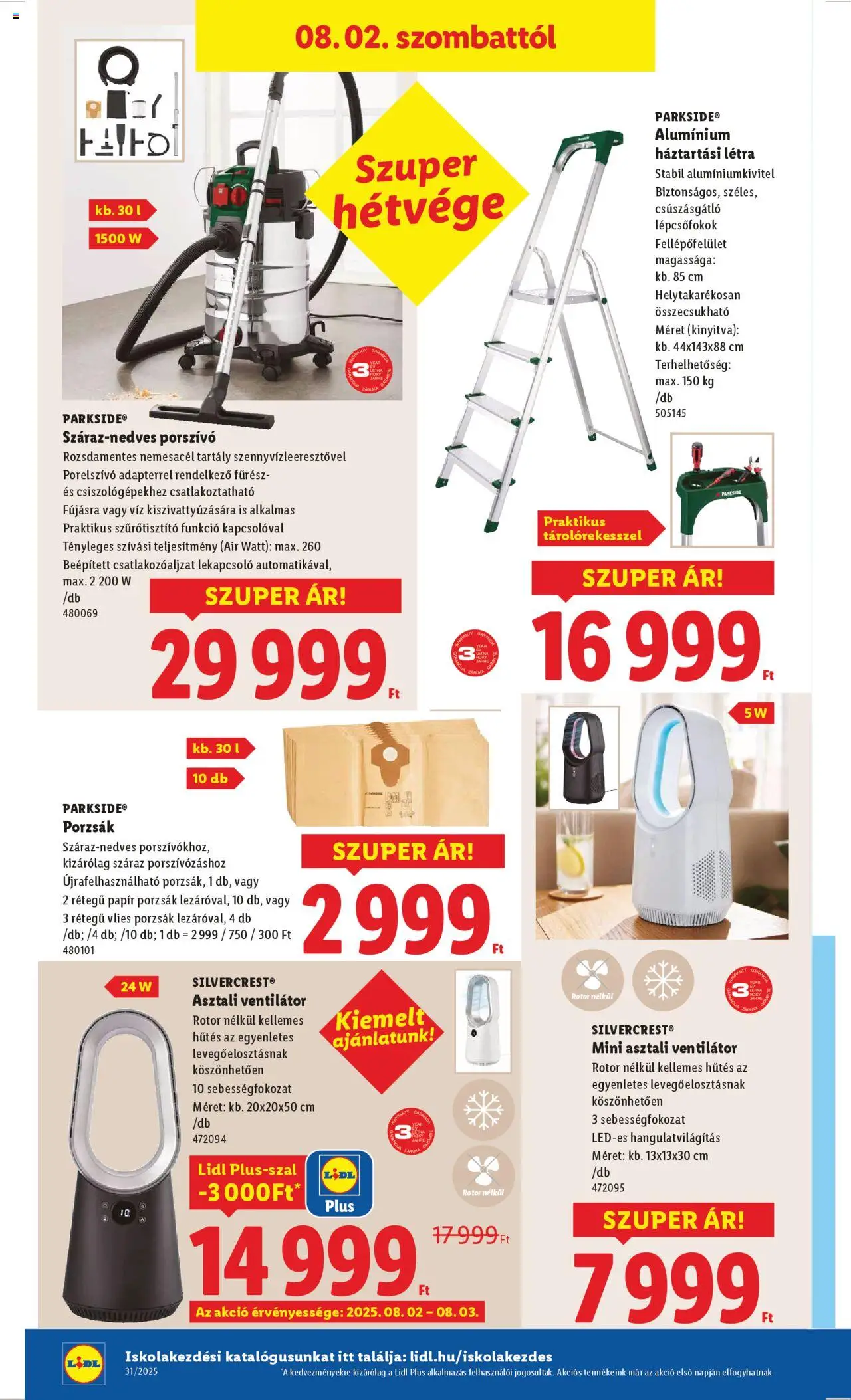 Lidl akciós ujság - amely érvényes a következő dátumtól: 02.08.2025 | Oldal: 2 | Termékek: Parkside, Porszívó, Ventilátor, Létra